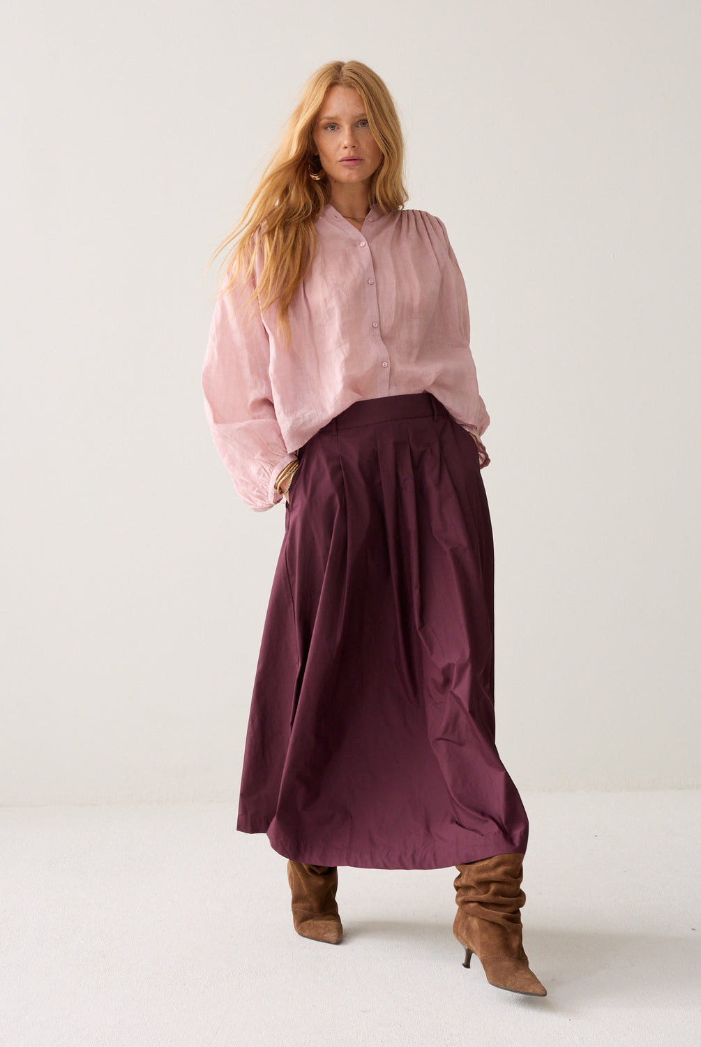 Summum burgundy taffeta A-line maxi skirt front view