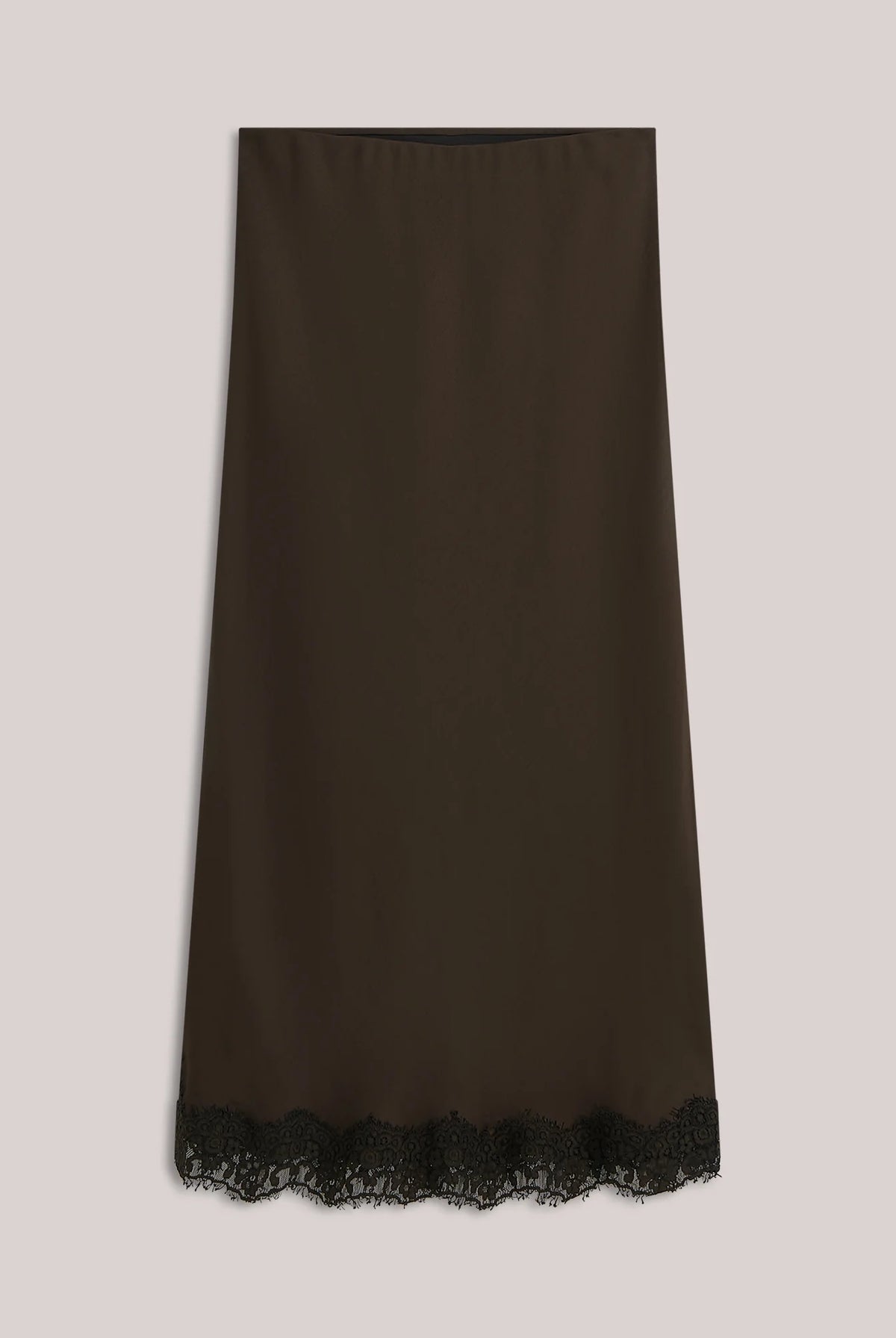 Summum chocolate brown midi skirt – scalloped lace hem detail