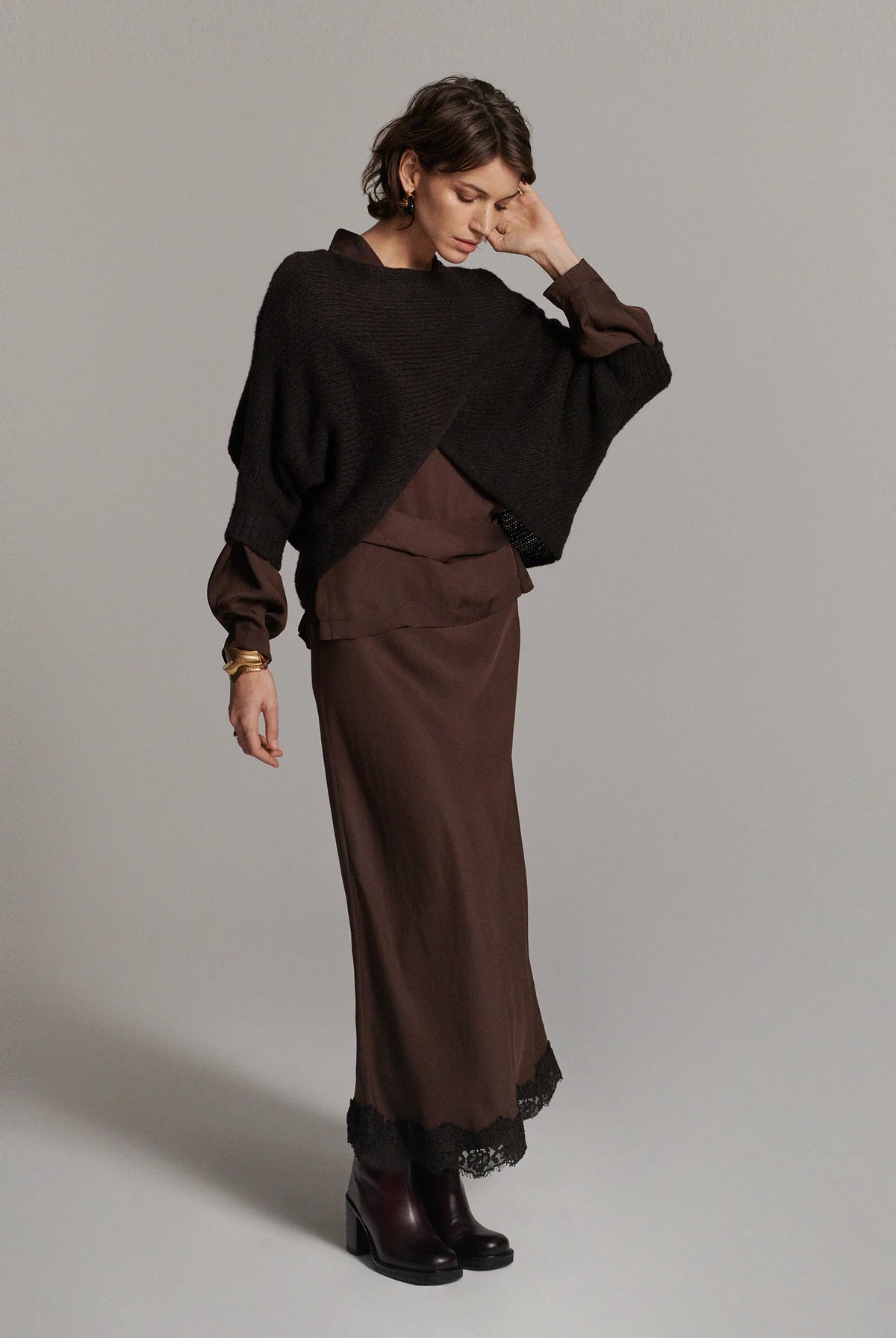 Summum brown lace trim skirt – styled model view with dark knit