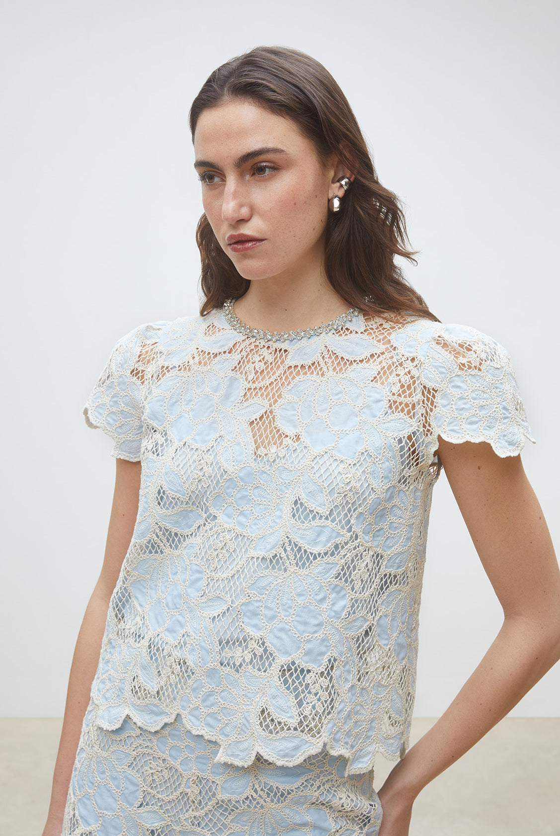 Suncoo Lexy blue beige floral lace top front view