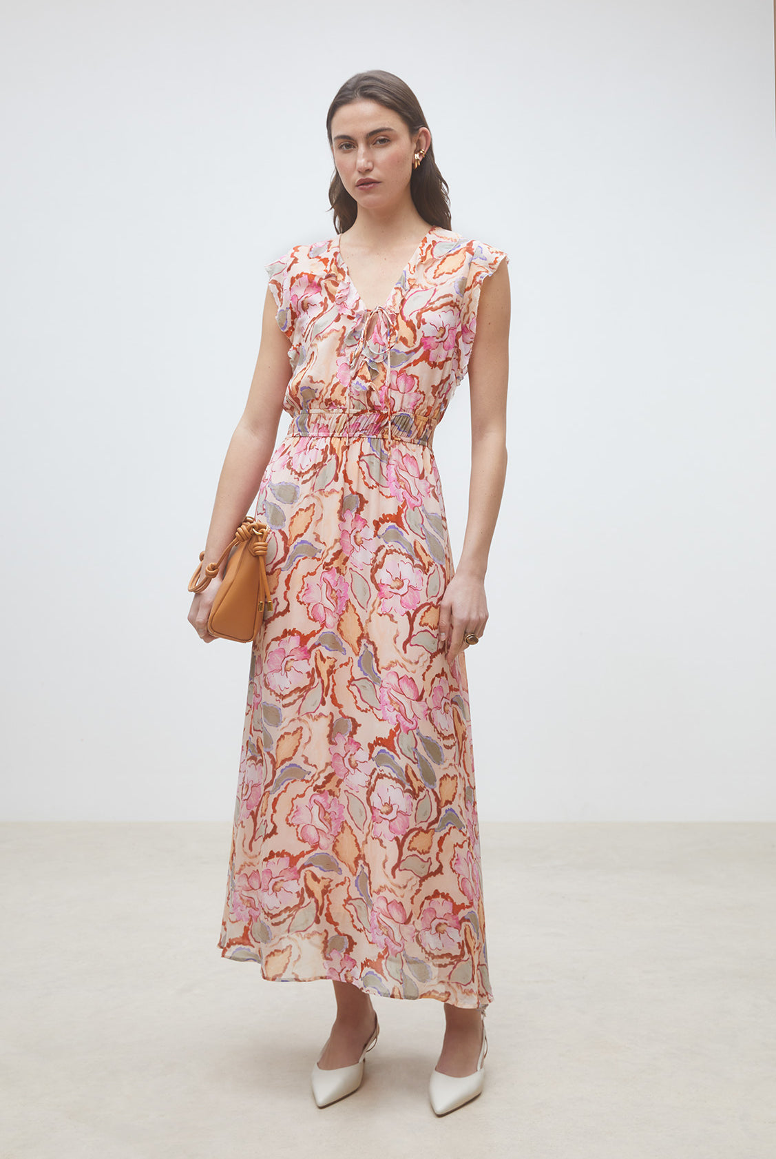 Suncoo Cali pink abstract floral midi dress front view