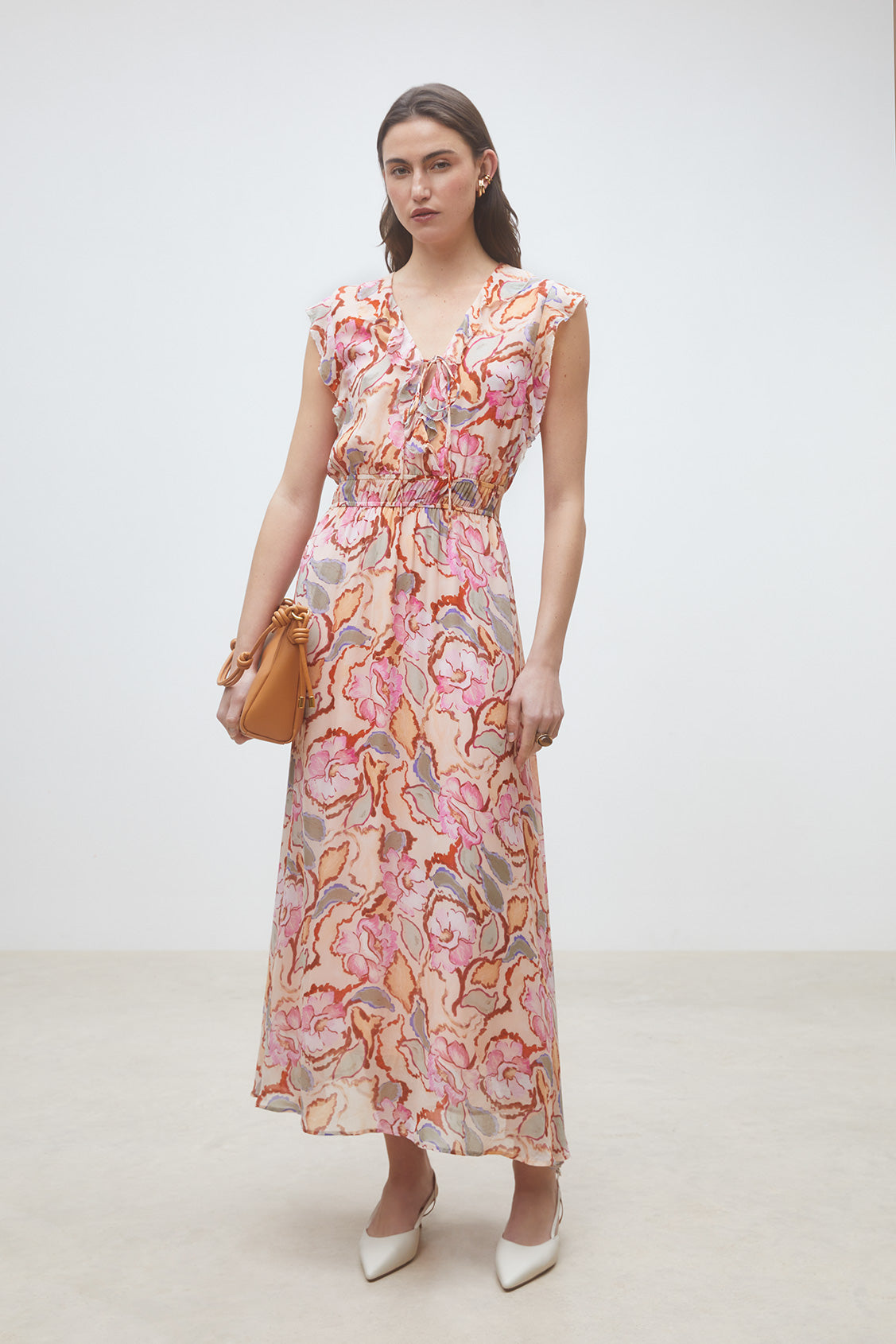 Suncoo Cali pink abstract floral midi dress front view