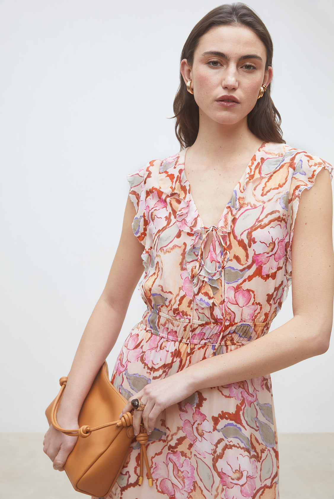 Suncoo Cali Pink floral dress neckline tie detail