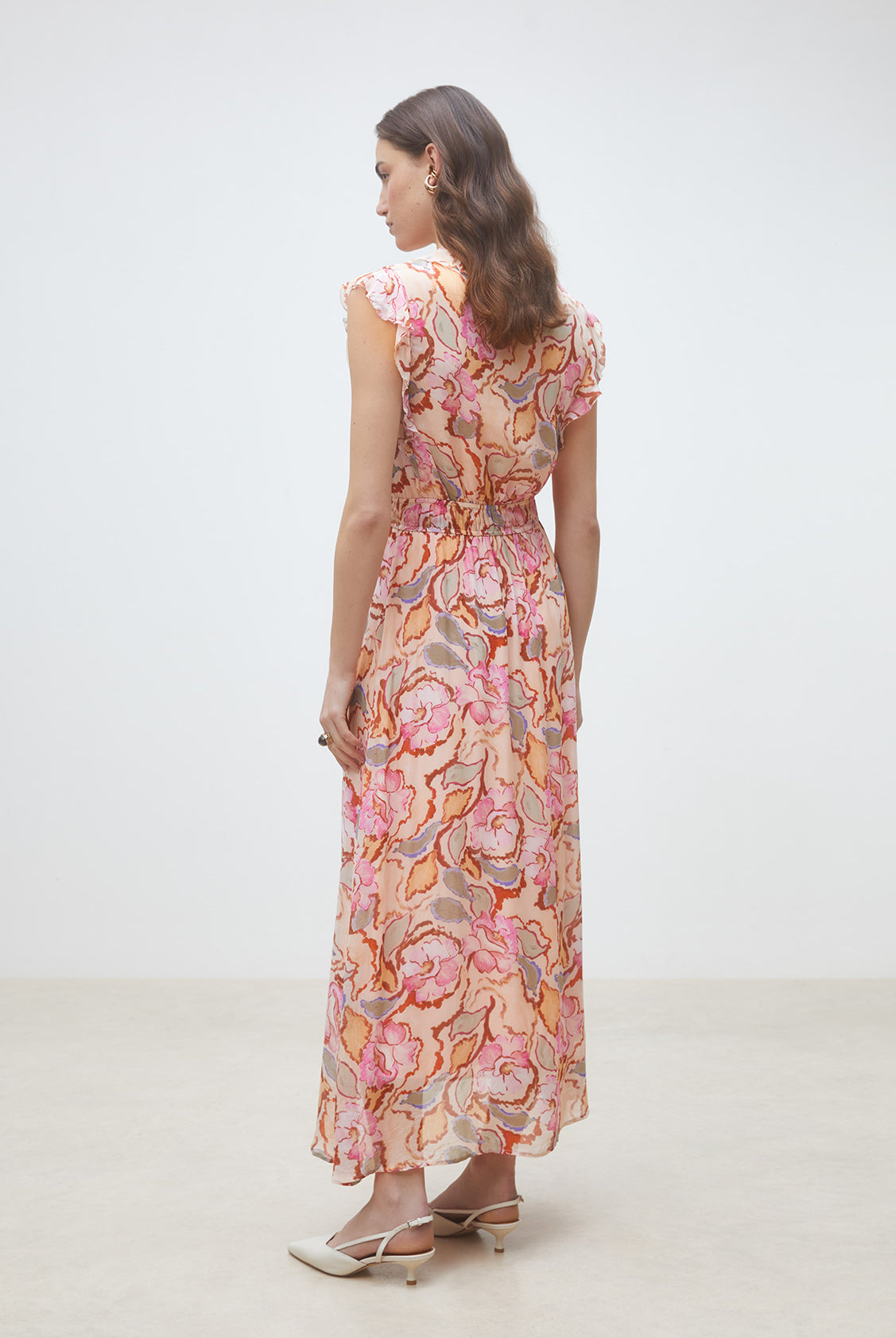 Suncoo Cali pink abstract botanical print dress back view