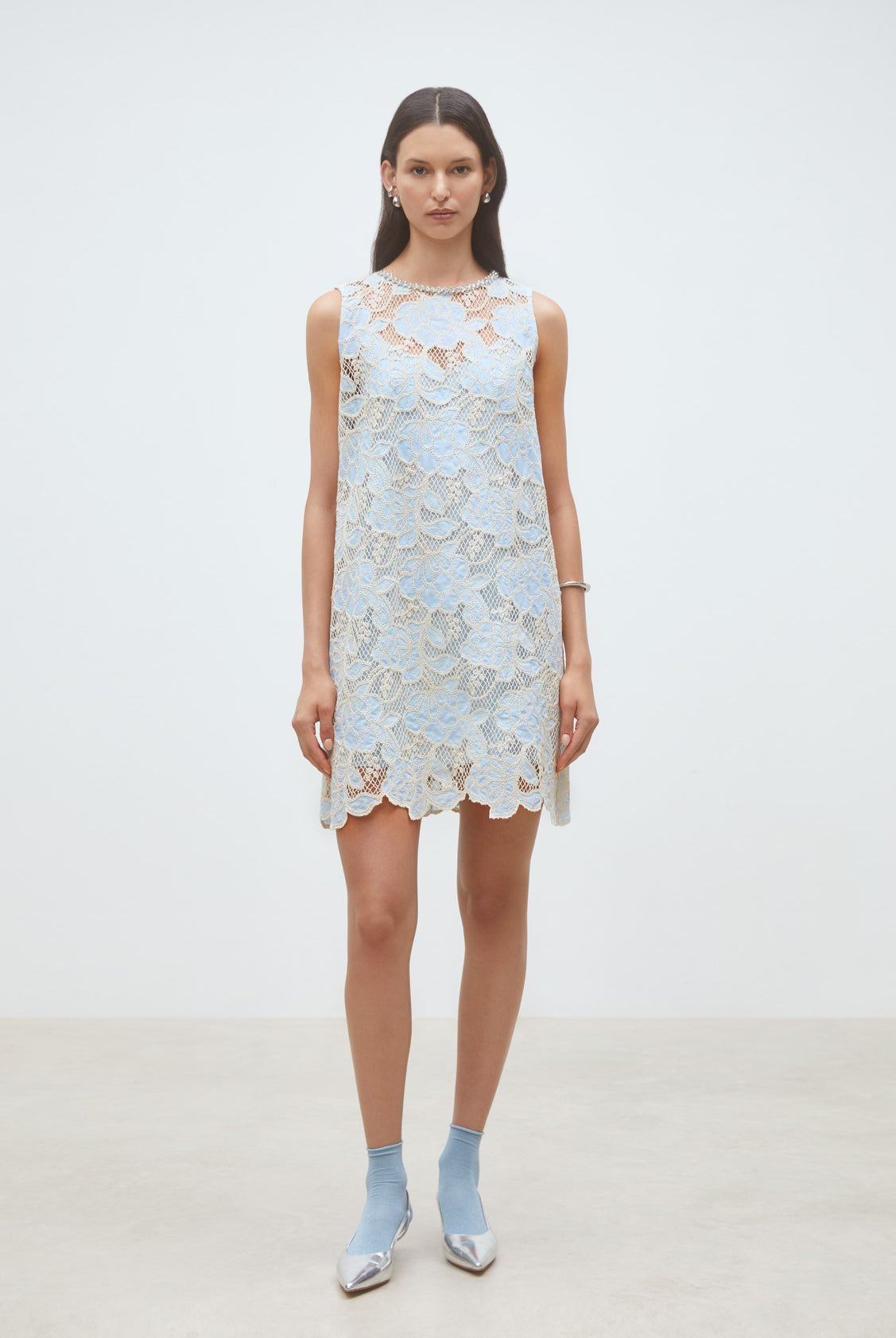 Suncoo Cerise blue and cream floral lace sleeveless dress