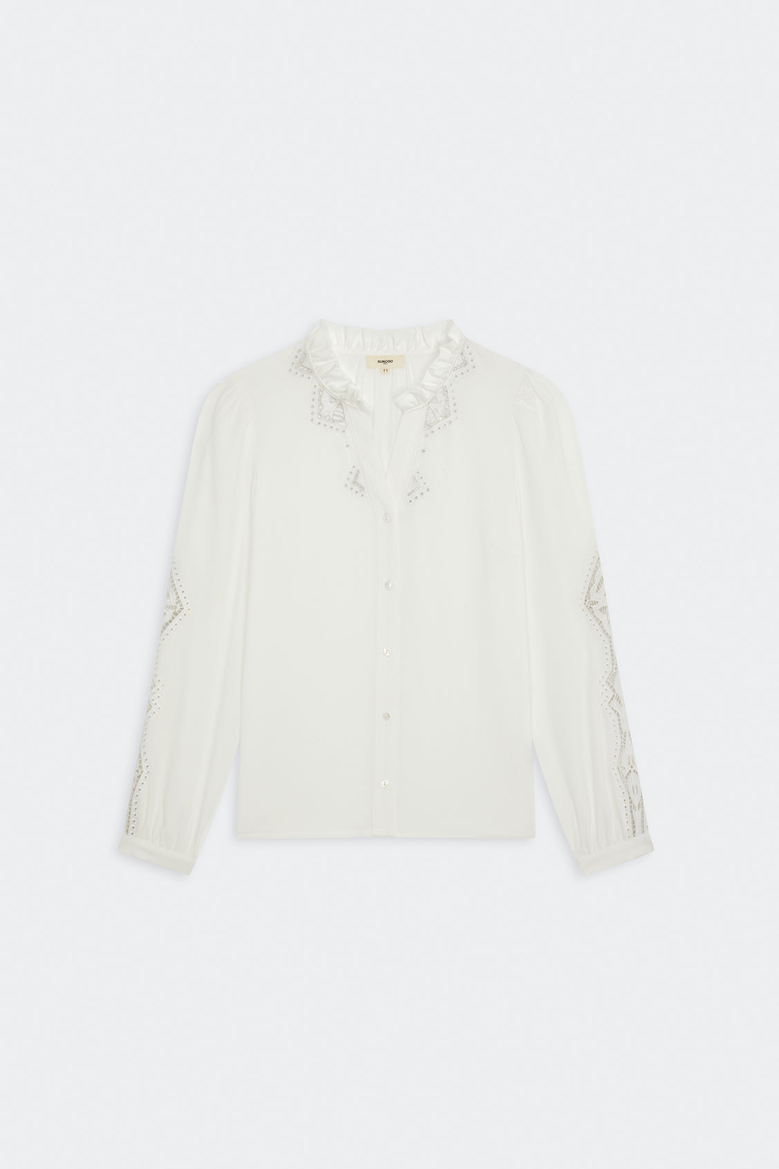 Suncoo Lisy cream loose fit blouse with lace detailing on neck and sleeve