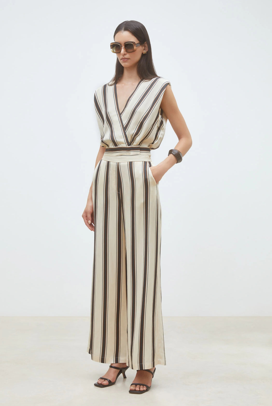 Suncoo Loane cream striped V neck sleeveless blouse