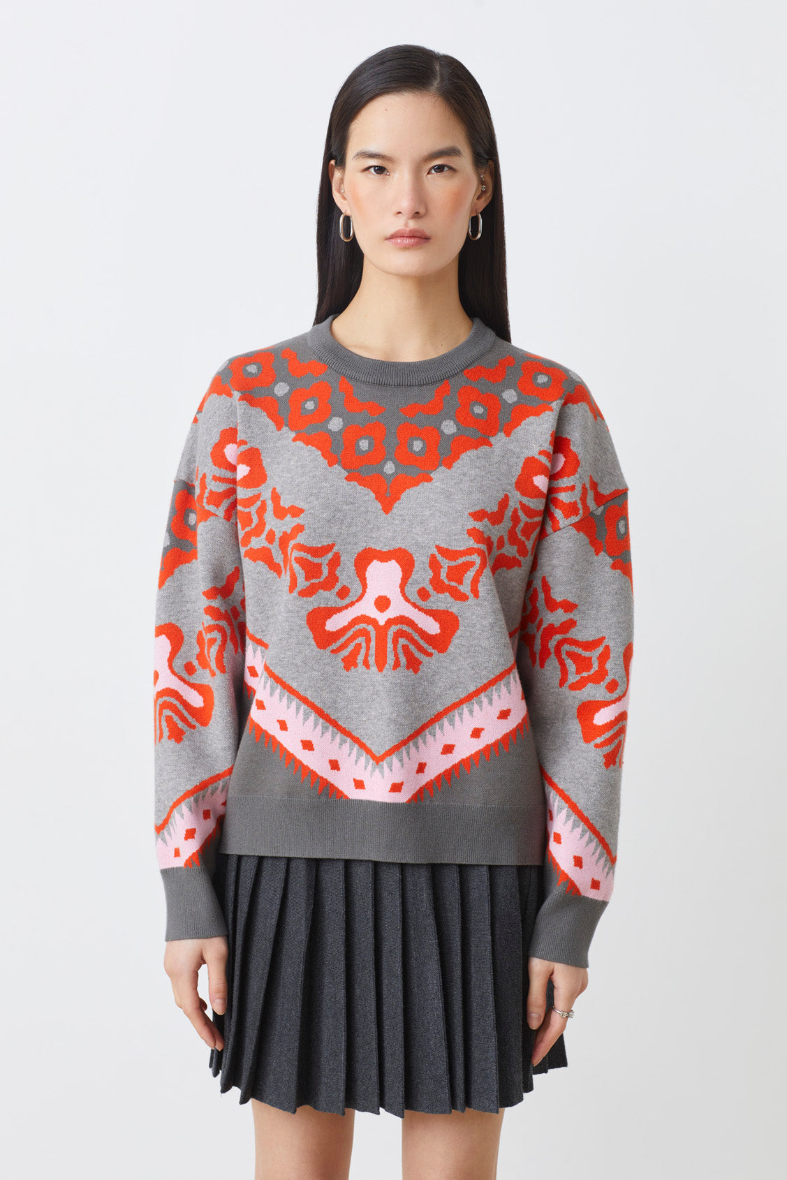 Funky grey and red women’s jumper with chevron motif by Suncoo