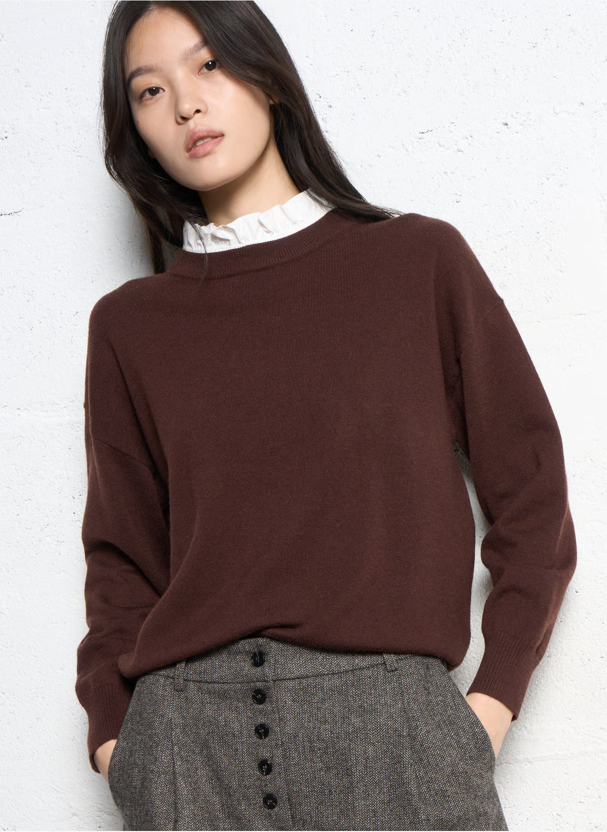 Soft knit prune jumper by Suncoo with contrasting white shirt collar
