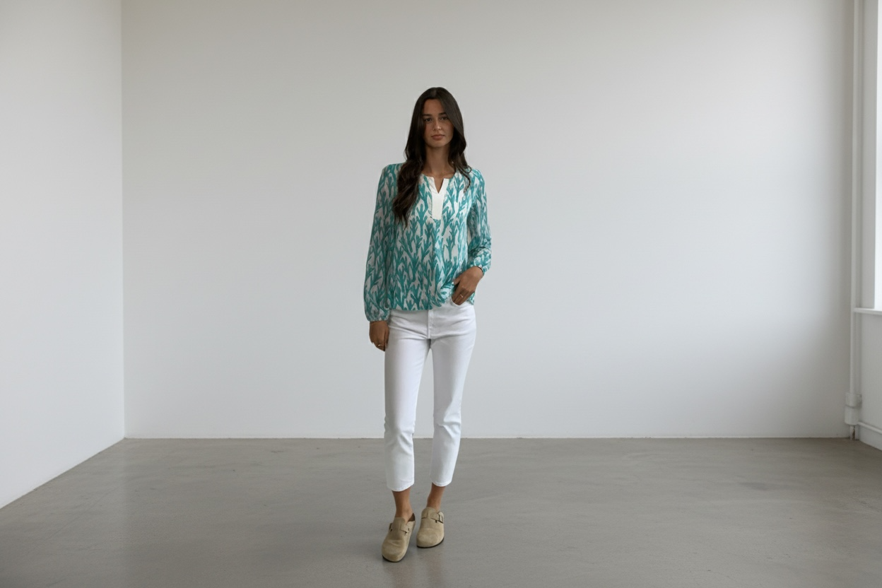 Girls Curiosity green cactus print blouse with long sleeves and relaxed fit