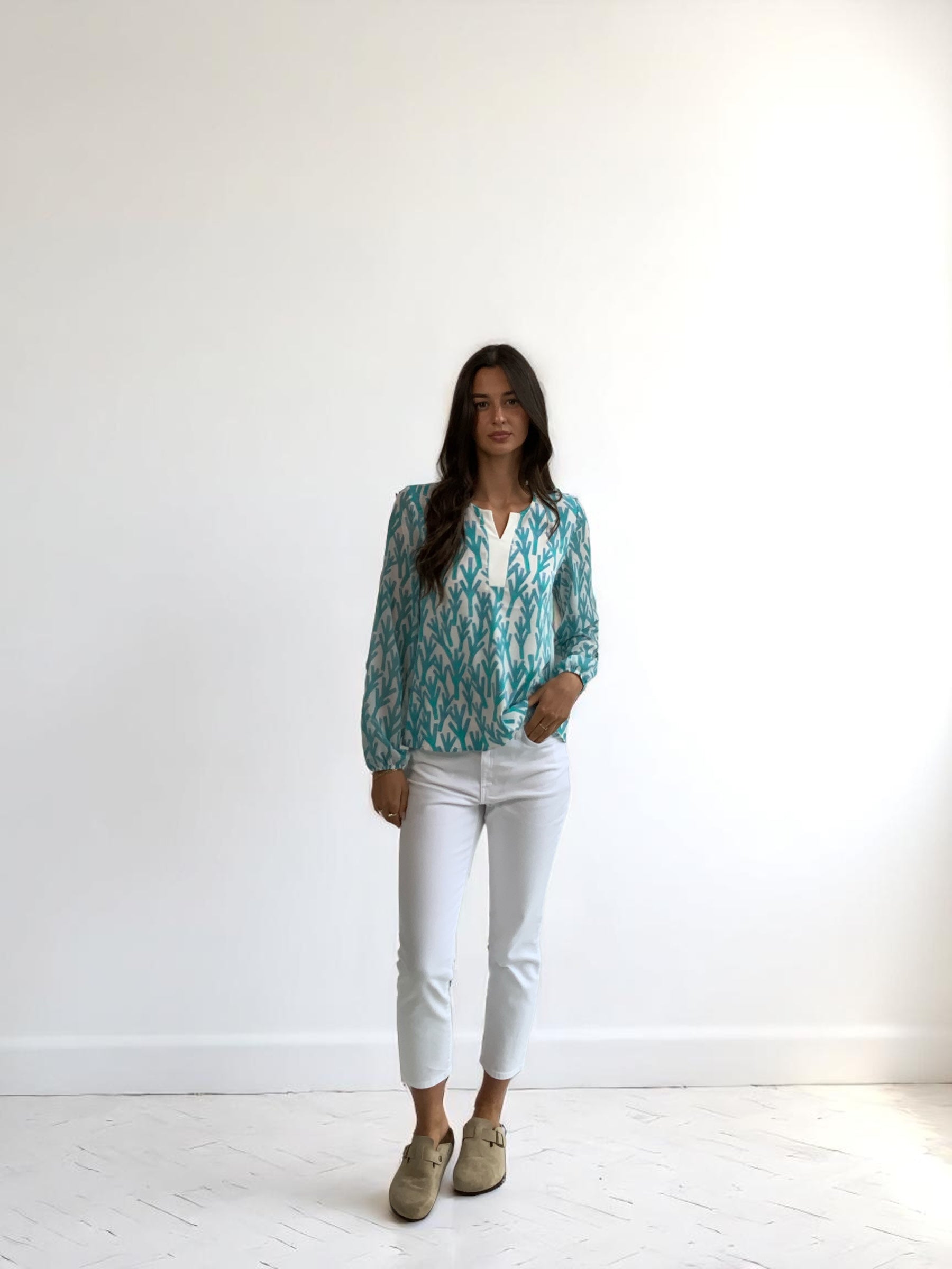 Girls Curiosity Portia cactus print V-neck blouse in green and cream with contrasting neckline trim