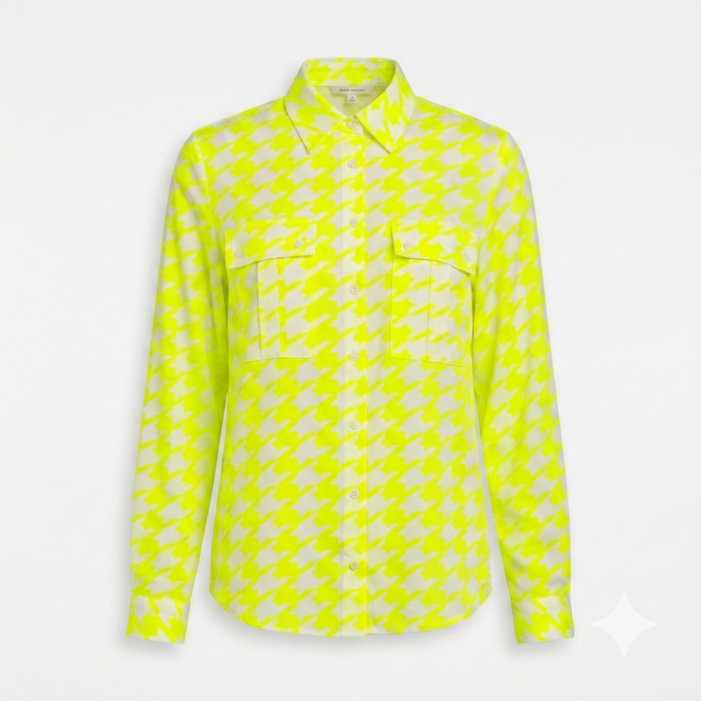 This Girls Curiosity Mimas Neon Yellow Houndstooth Print Shirt