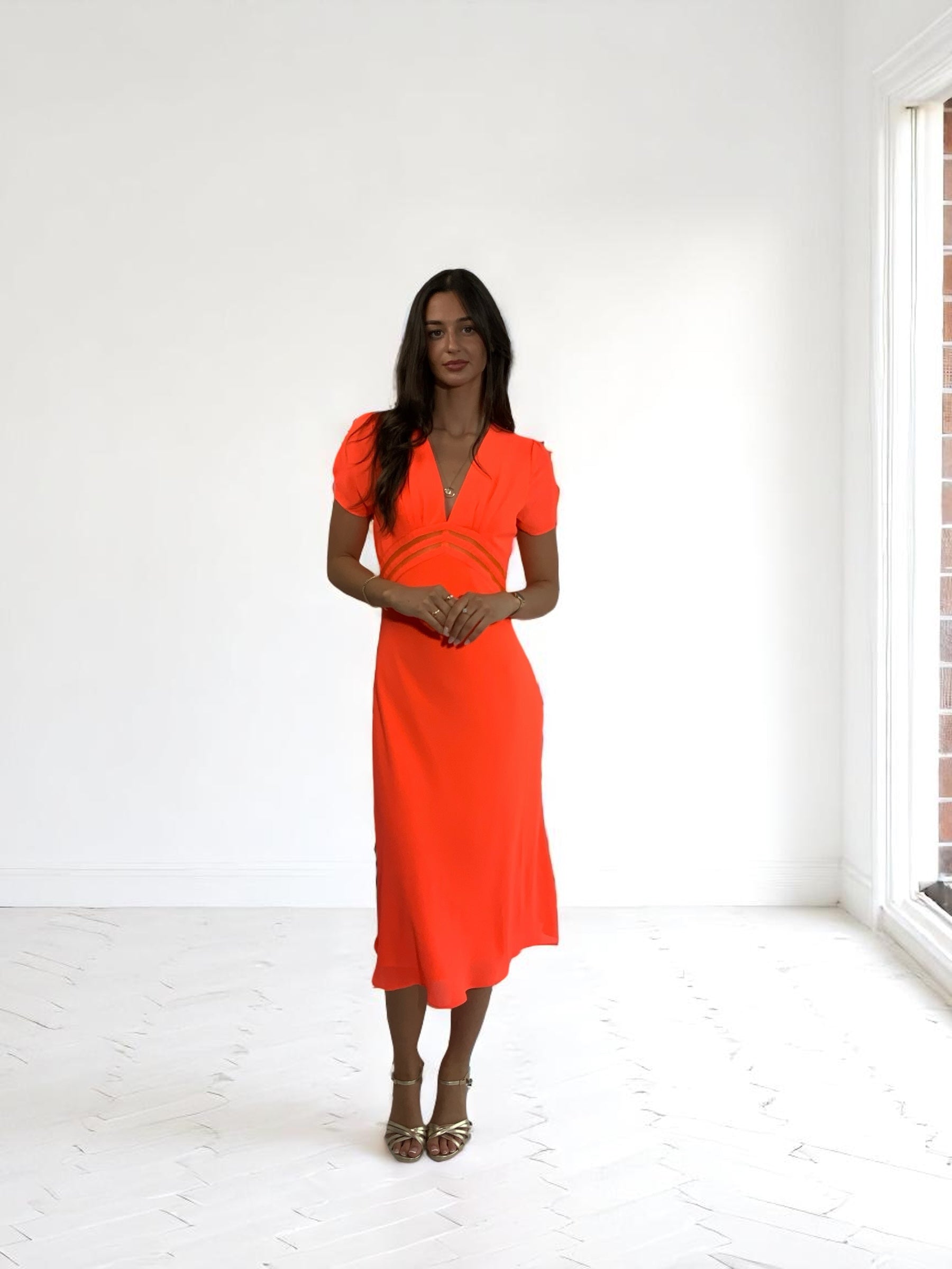 Girls Curiosity Tethys orange V neck midi dress front view