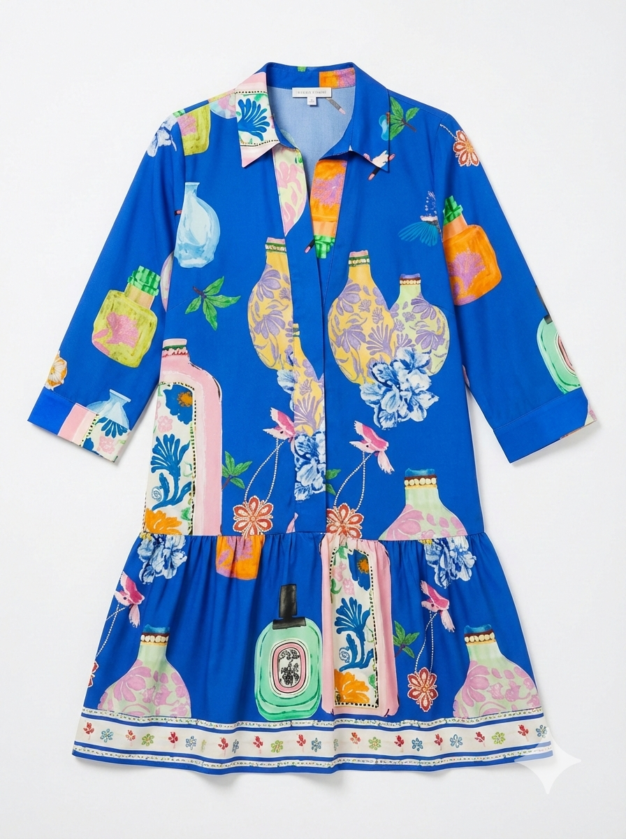 Girls Curiosity blue summer print mini dress flat lay front view