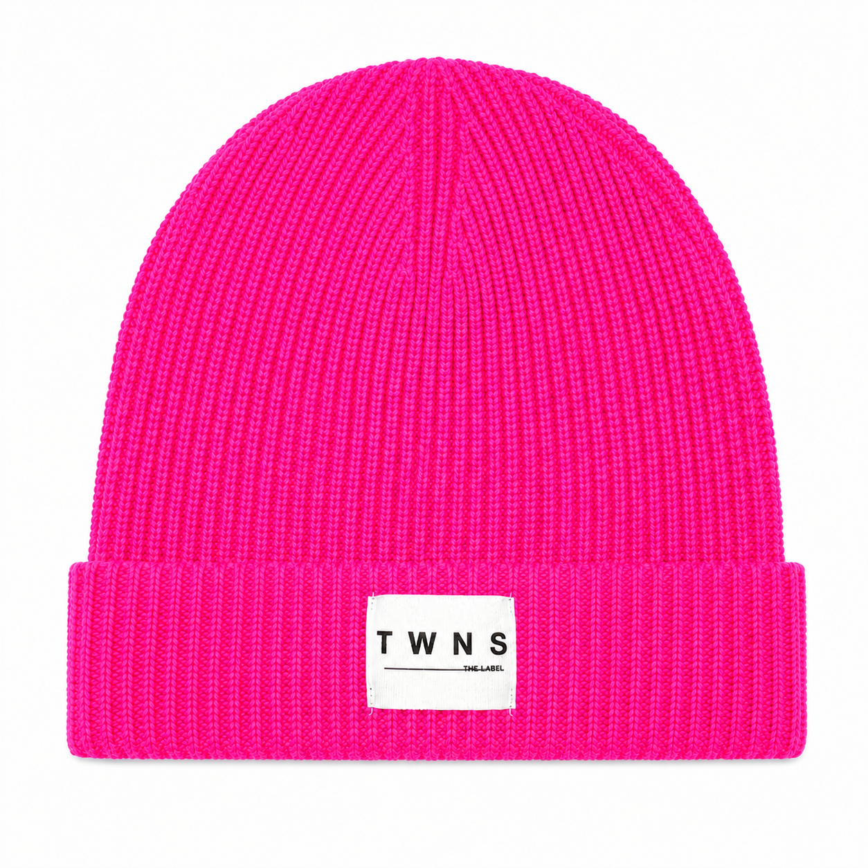 Twins Littleton neon pink ribbed knit beanie hat with turn-up cuff and TWNS logo label