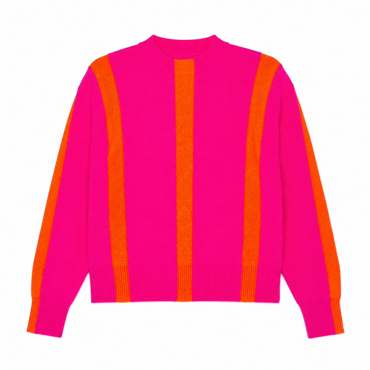 Twins Reno neon pink and orange striped crew neck jumper front view