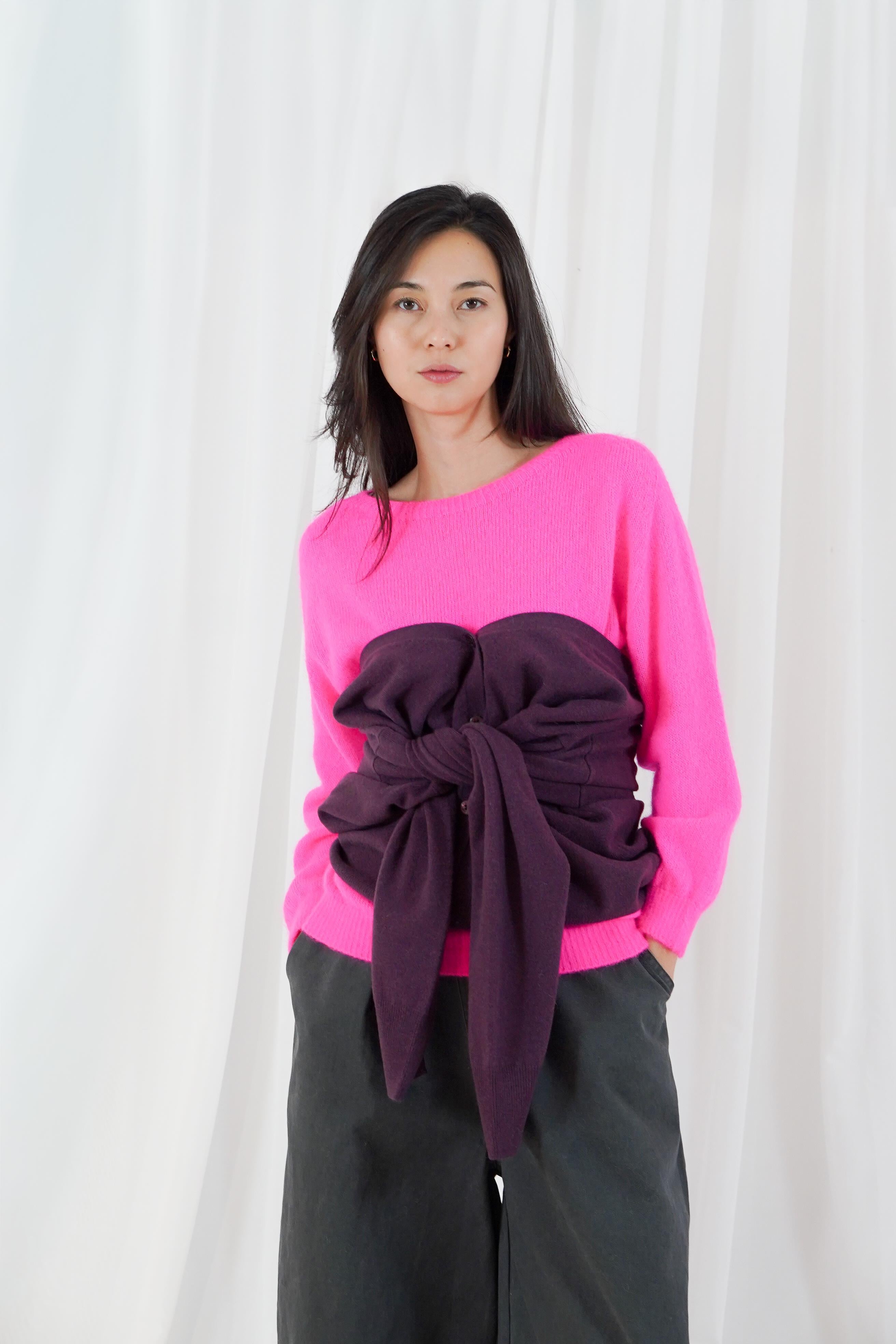 Twins Sanibel neon pink boat neck jumper styled for layered winter dressing