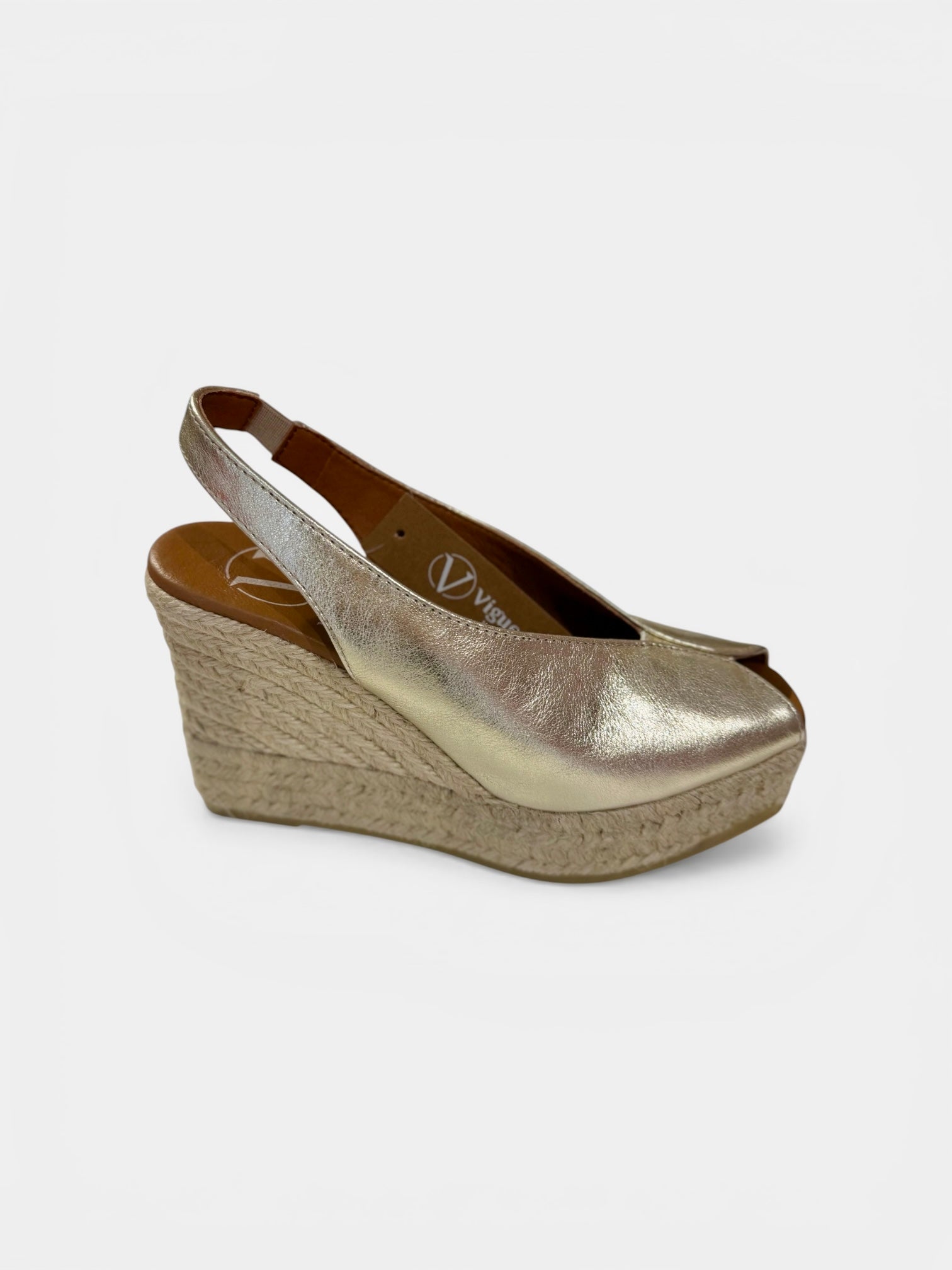 Viguera gold peep toe platform wedge sandals espadrille sole side view