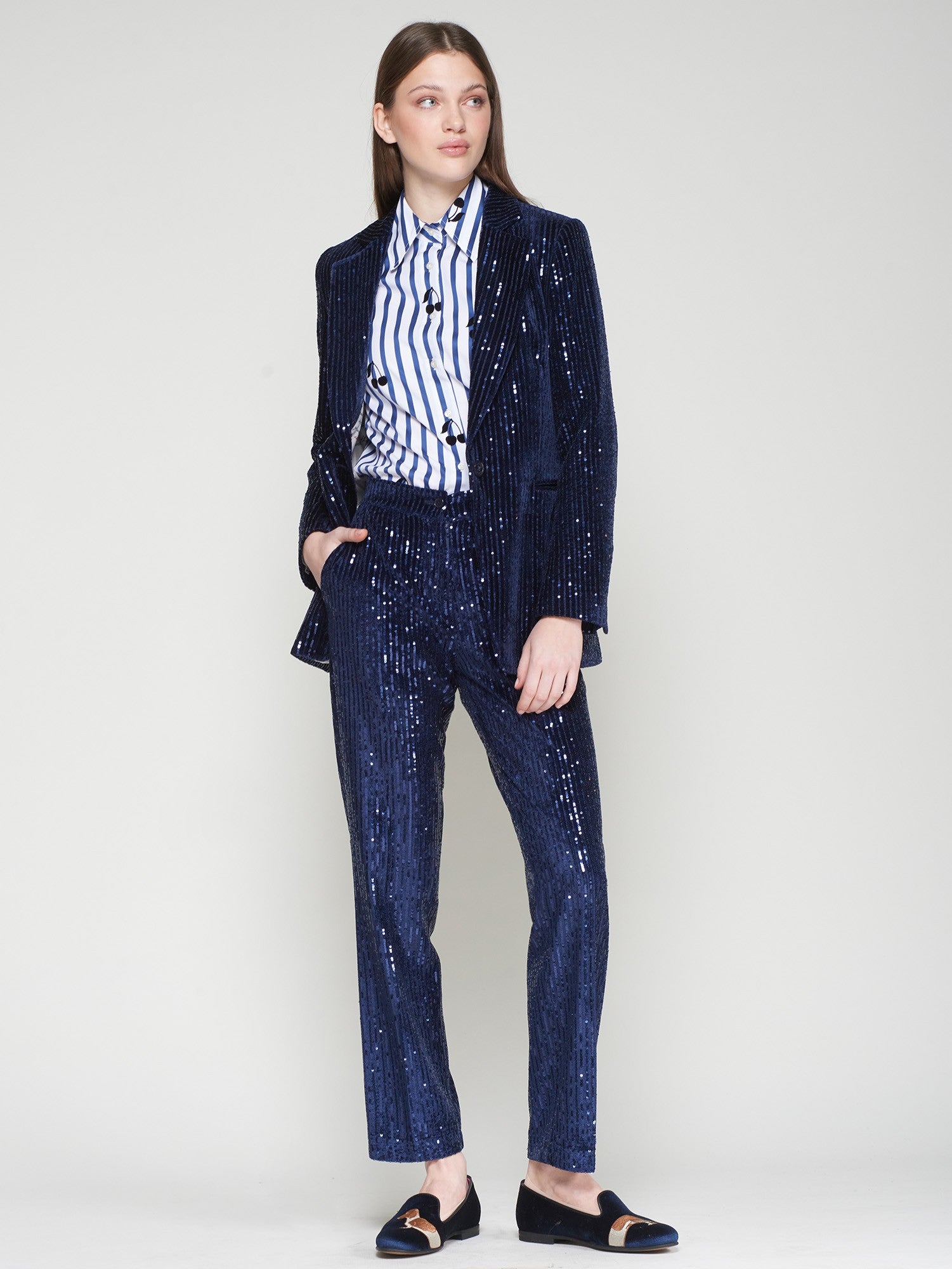 Vilagallo Tiffany Marino trousers styled with navy velvet suit