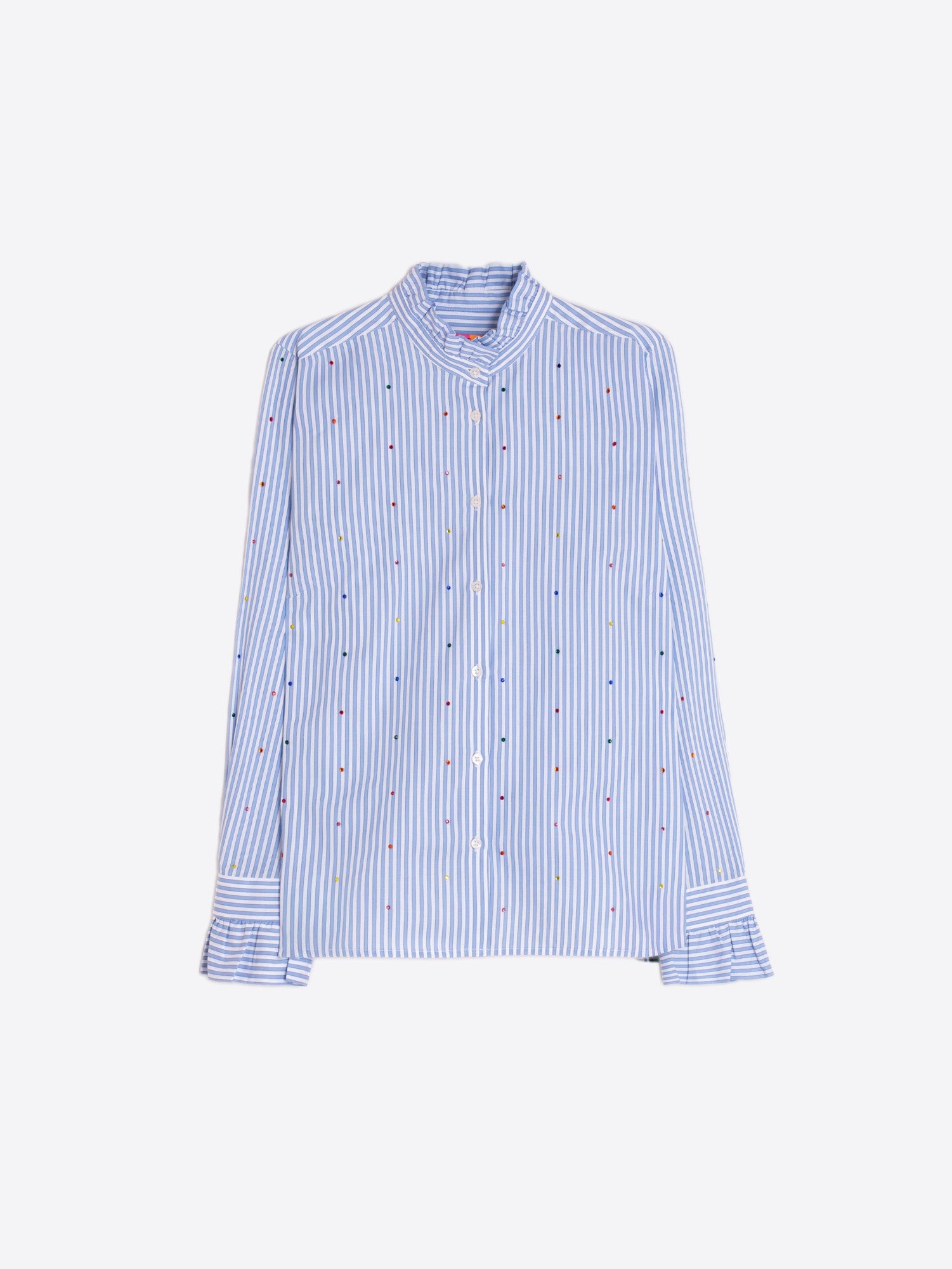 Vilagallo blue/white pinstripe shirt with structured fit and frill-trimmed cuffs.