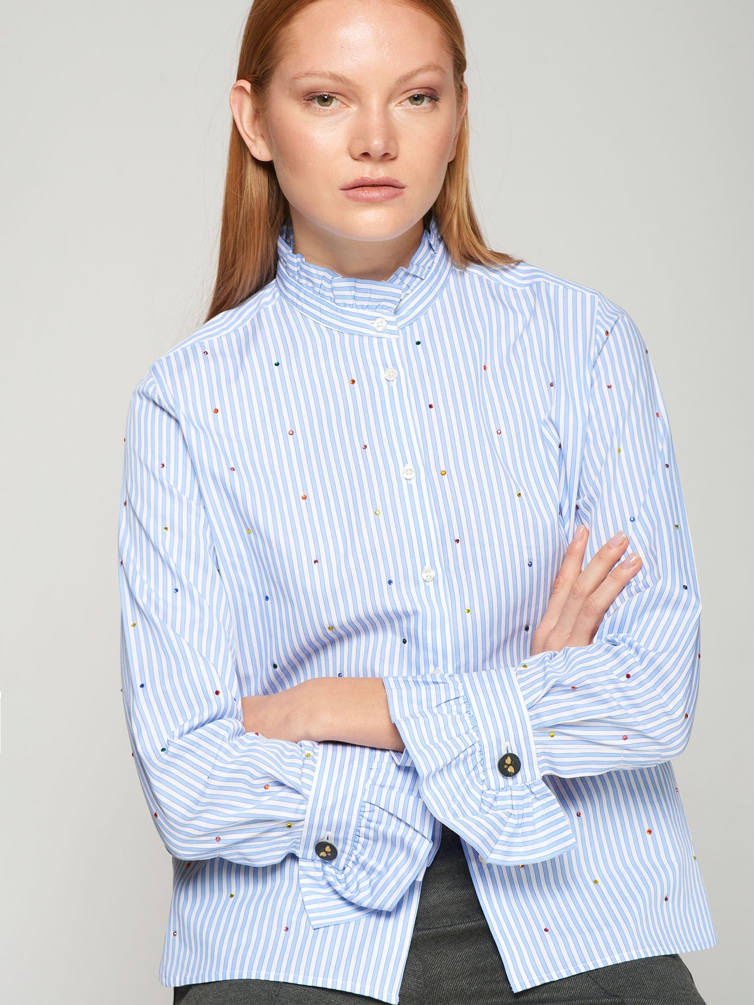 Vilagallo blue and white pinstripe cotton shirt with multicolour strass and frilled cuffs.