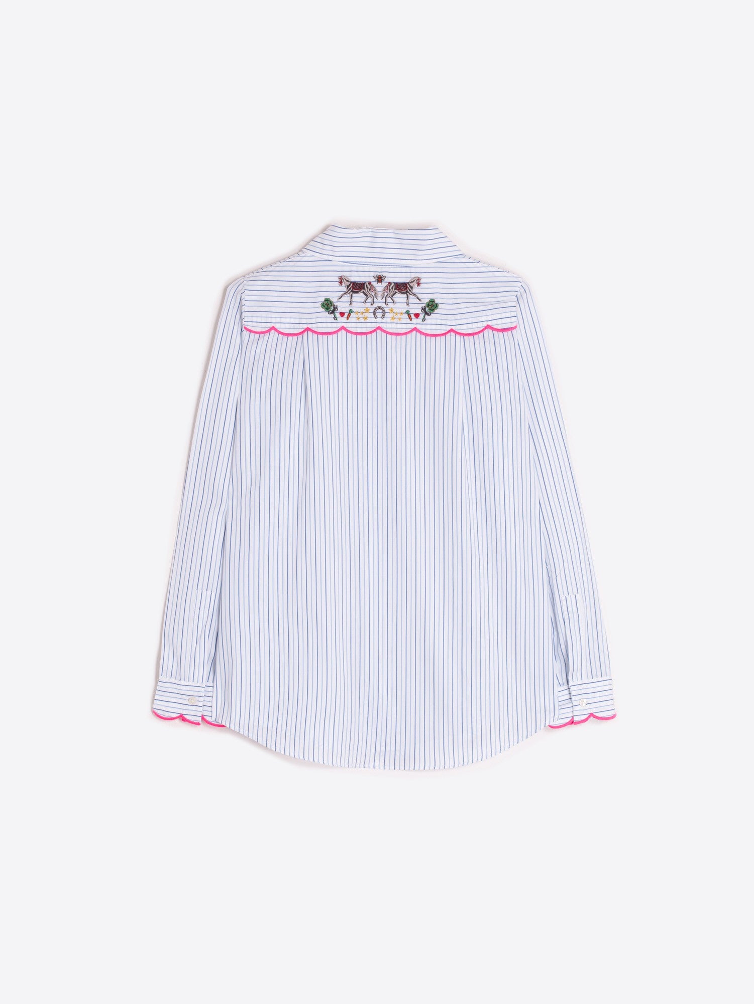 Back view of Vilagallo striped shirt with embroidered horses and stars