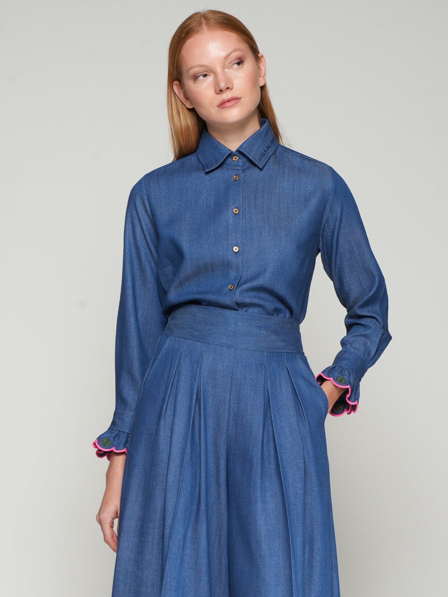 Front view of Vilagallo Tencel denim shirt with embroidered collar
