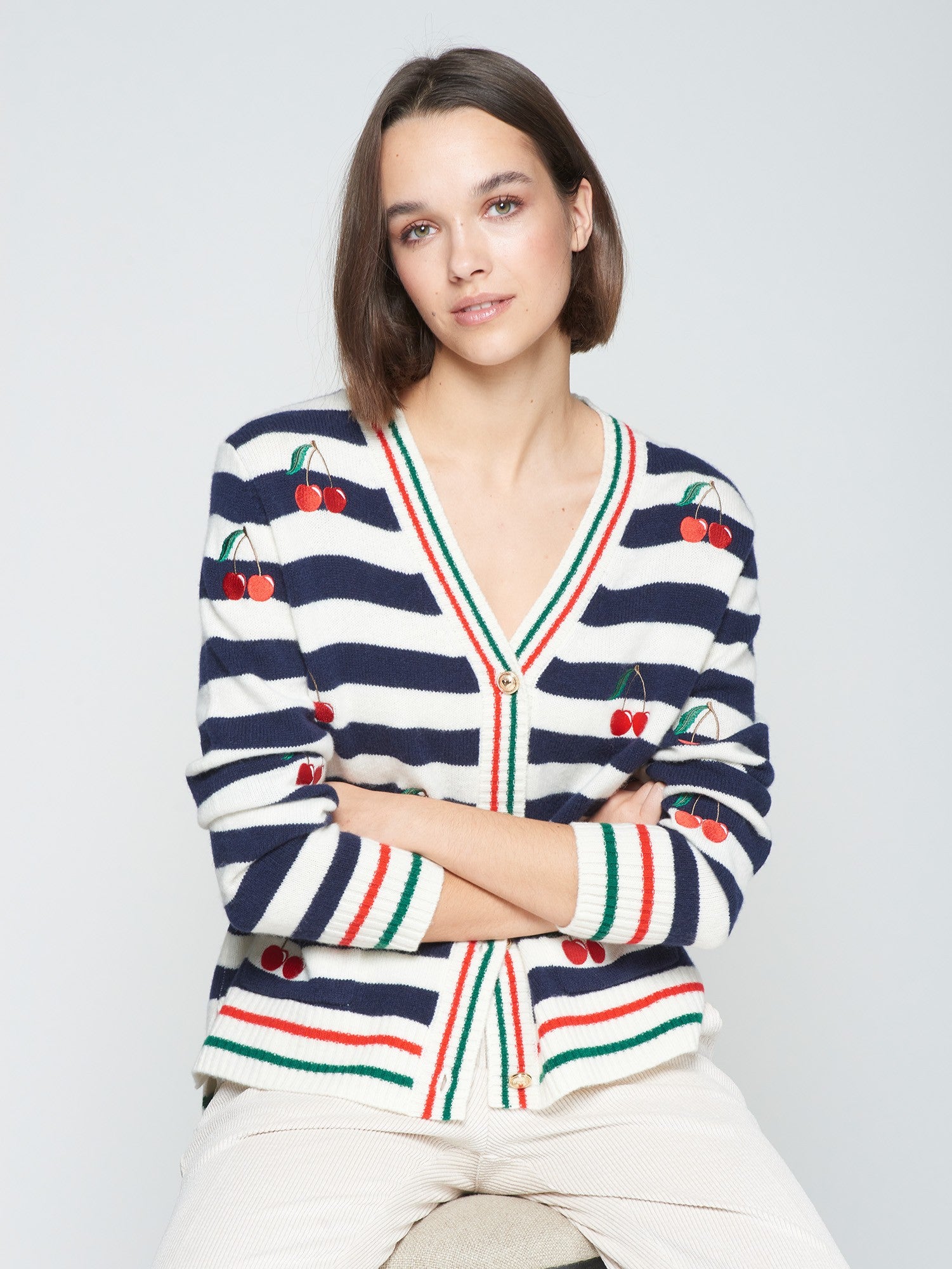 Vilagallo Navy and white striped wool cardigan with embroidered cherry motifs.