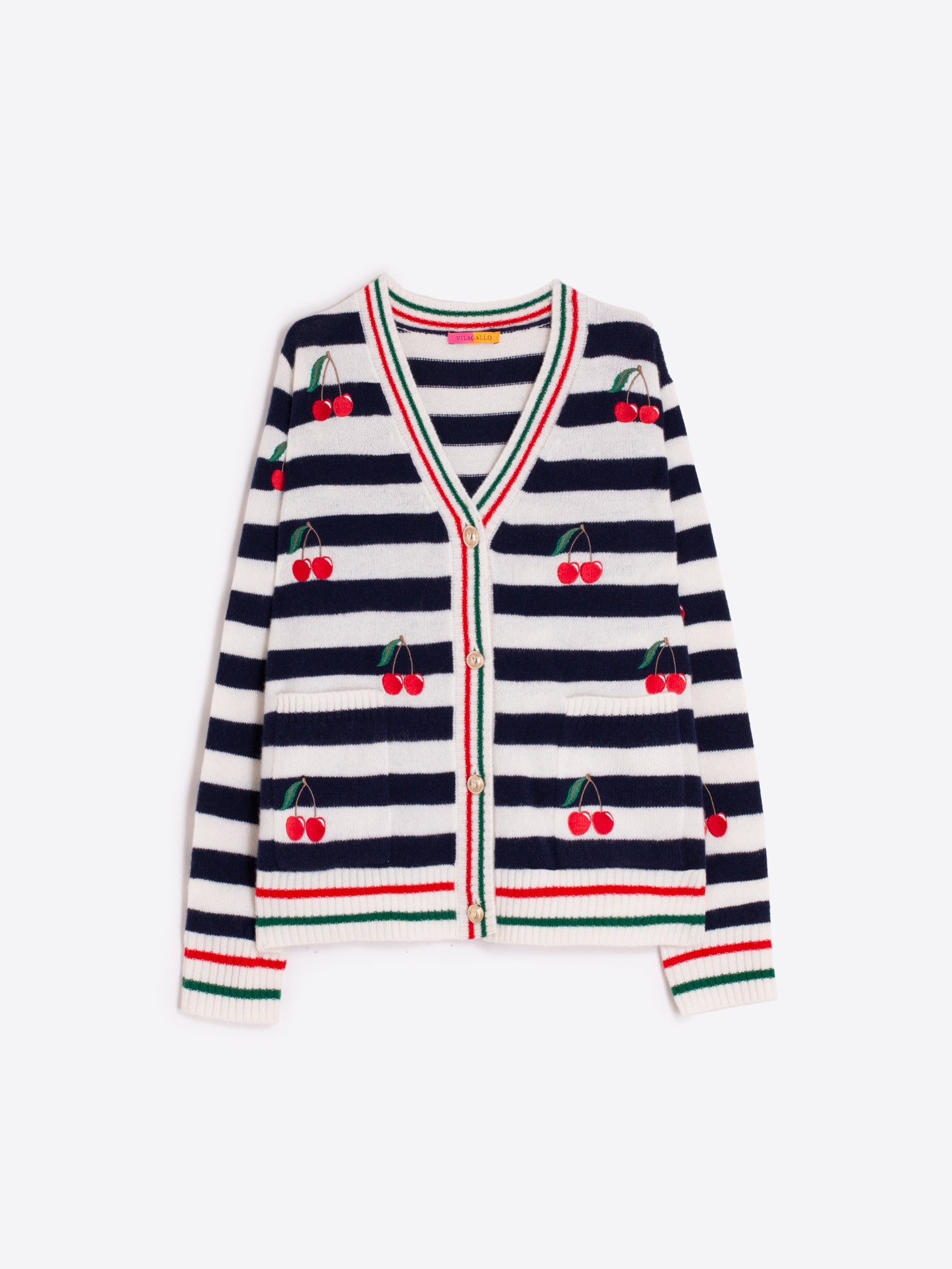 Vilagallo Women’s navy stripe wool cardigan with cherries and button front.