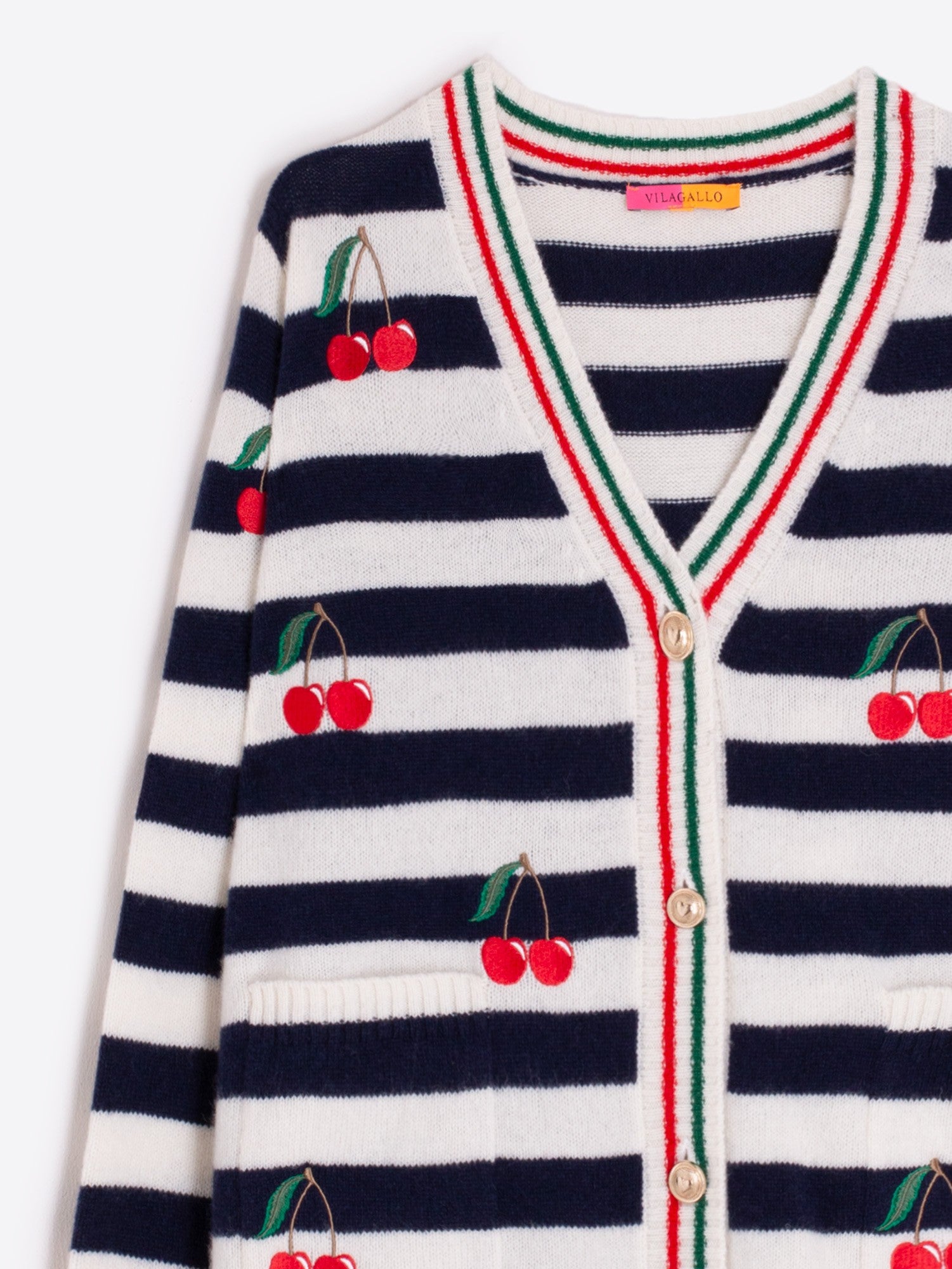 Vilagallo Wool cardigan in navy-and-white stripes with playful cherry details