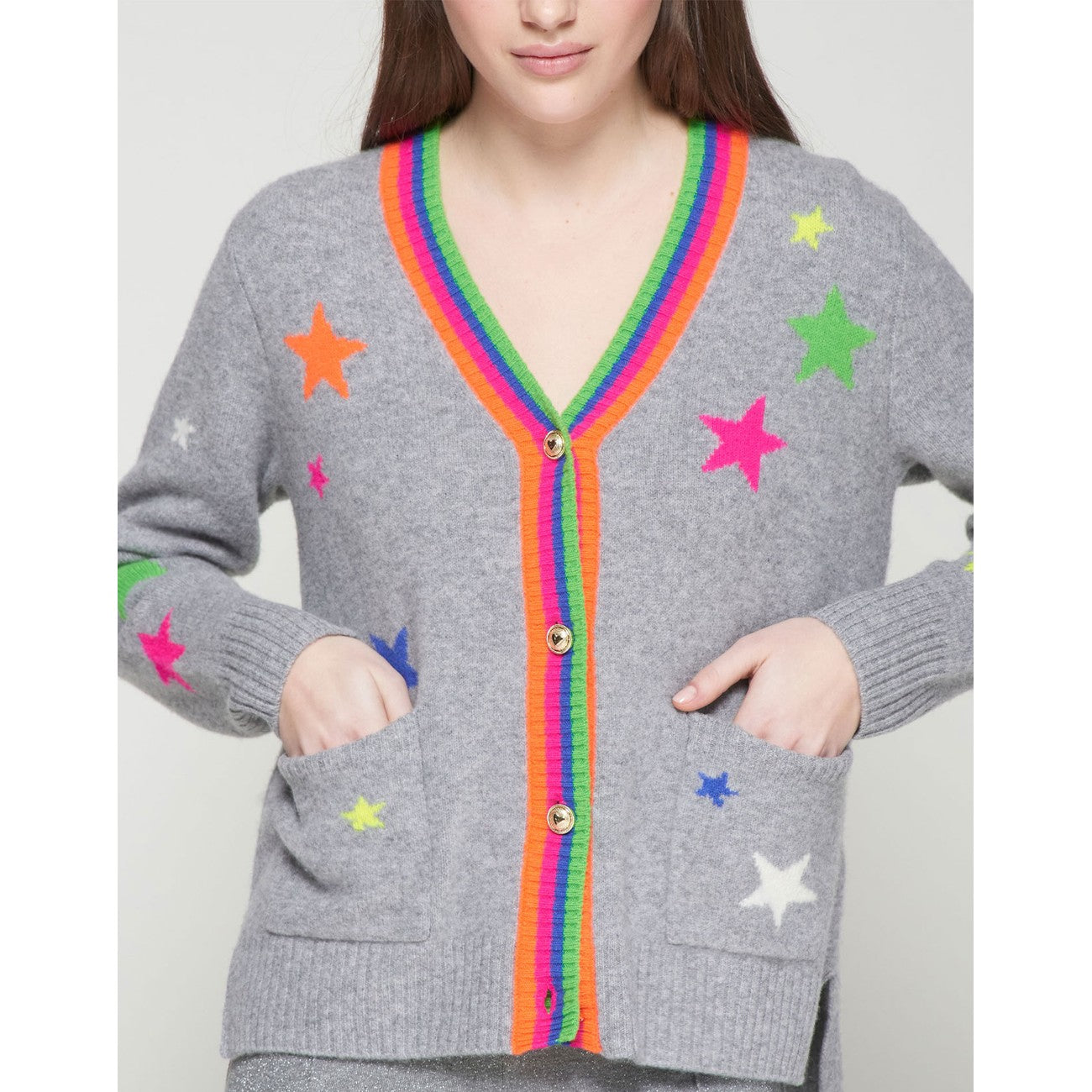 Front view of Vilagallo grey cardigan with rainbow stars and pocket details