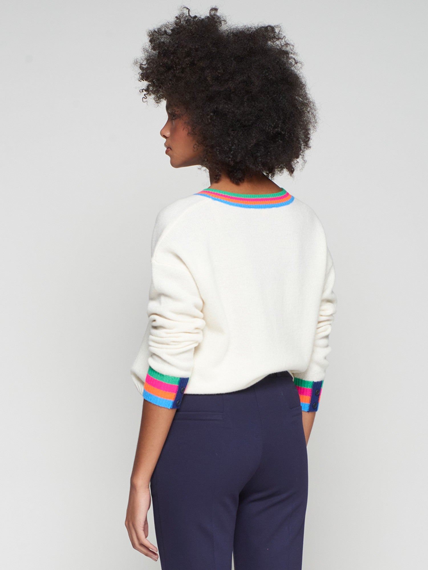 Vilagallo Soft cream wool jumper with vibrant V-neck stripe detail by Vilagallo.