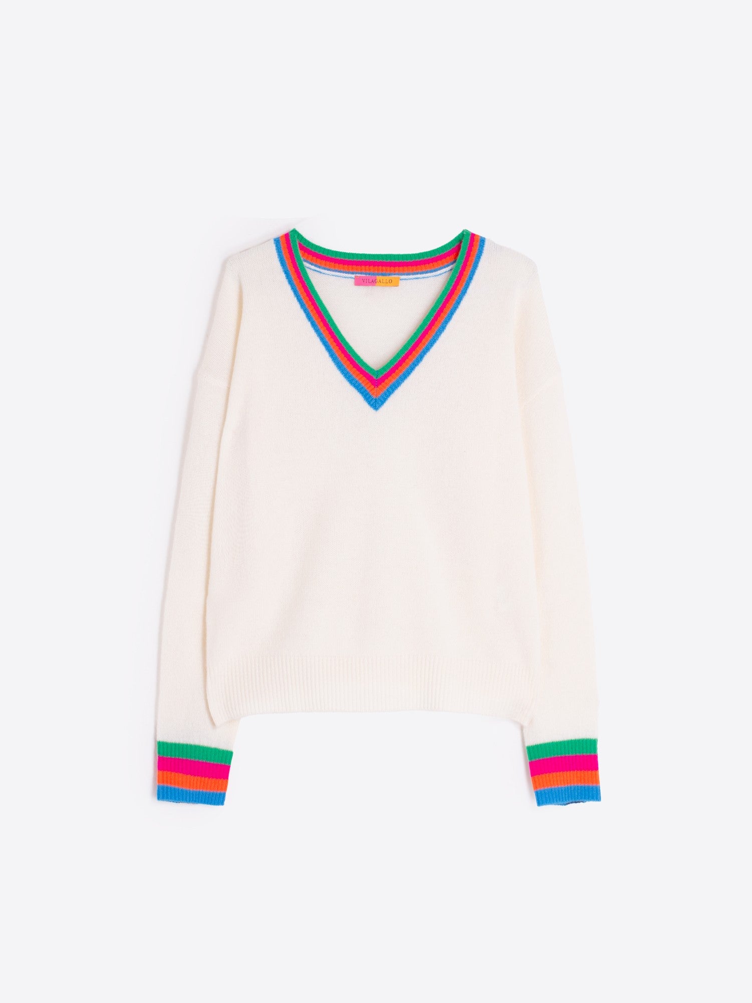 Vilagallo cream knit sweater with green, pink, orange, and blue trim.