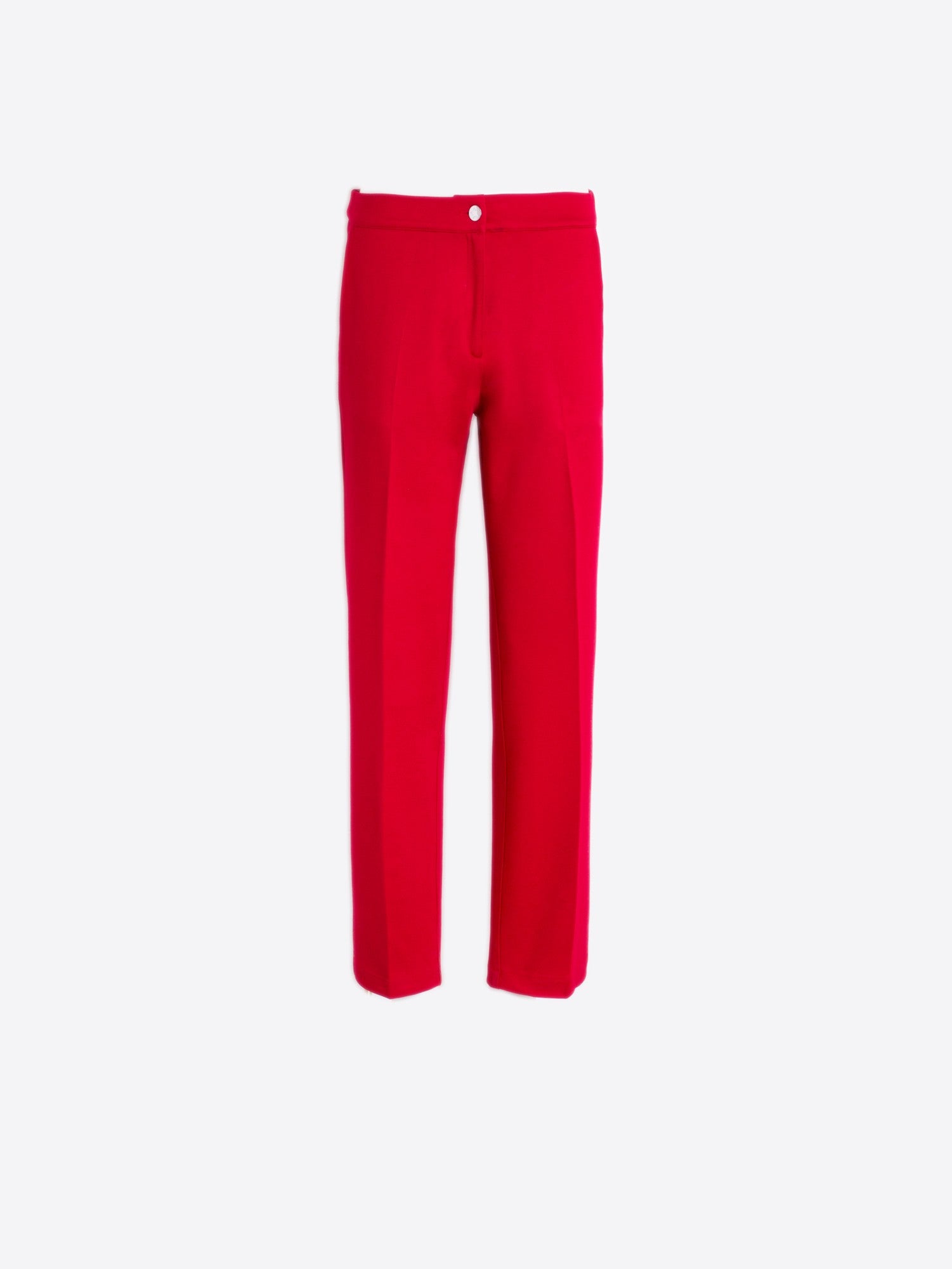 Front view of Vilagallo women’s red trousers with button and zip closure