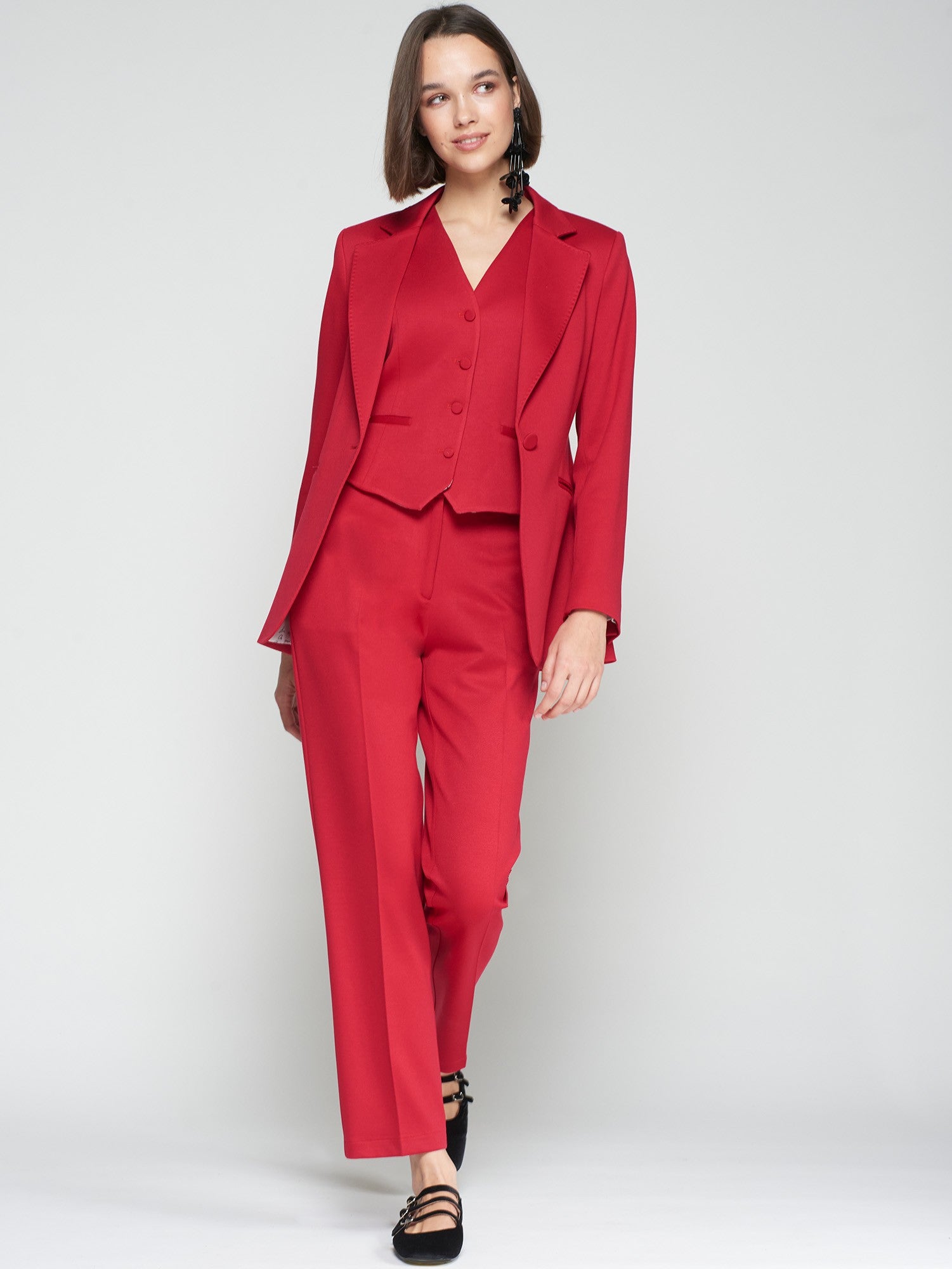 Vilagallo red tailored trouser suit with matching red blazer and vest