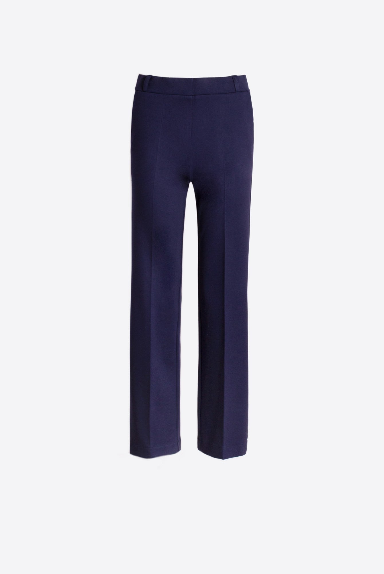 Front packshot of navy straight-leg women’s trousers with stitched crease and belt loops.
