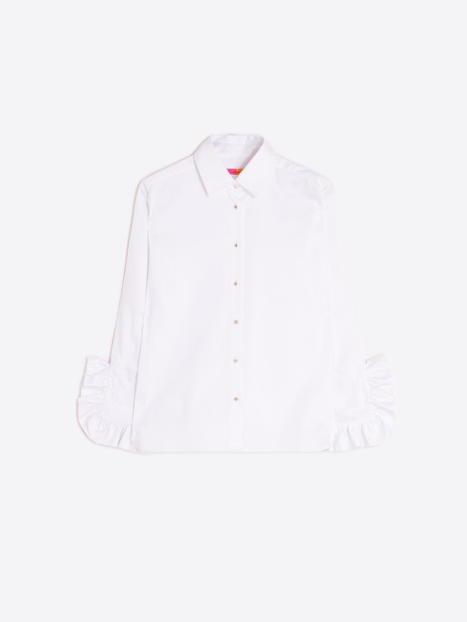 Vilagallo tailored statement white shirt with theatrical ruffle sleeves