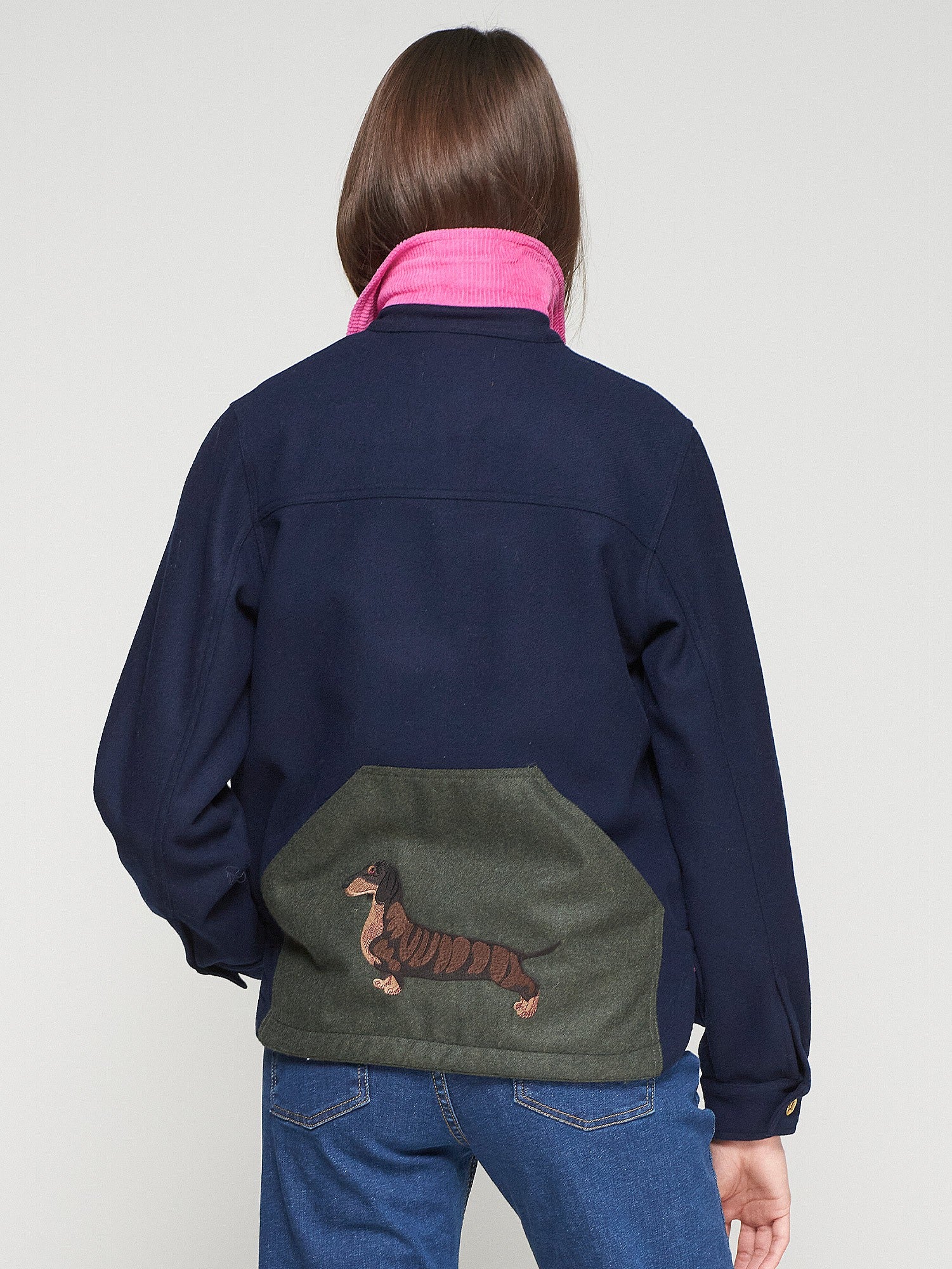 Vilagallo Balmoral navy jacket – dachshund embroidery on green back panel