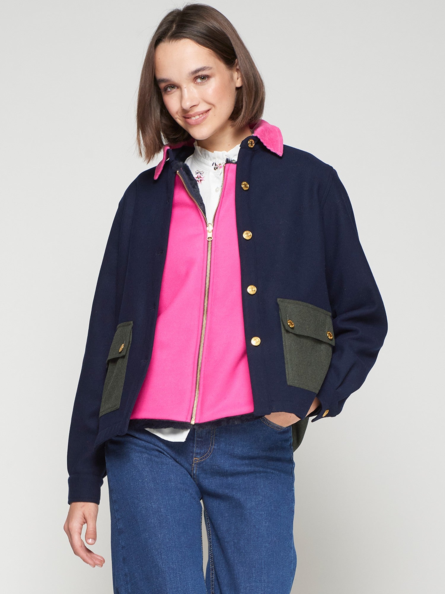 Vilagallo Balmoral navy jacket with pink corduroy collar and gold buttons