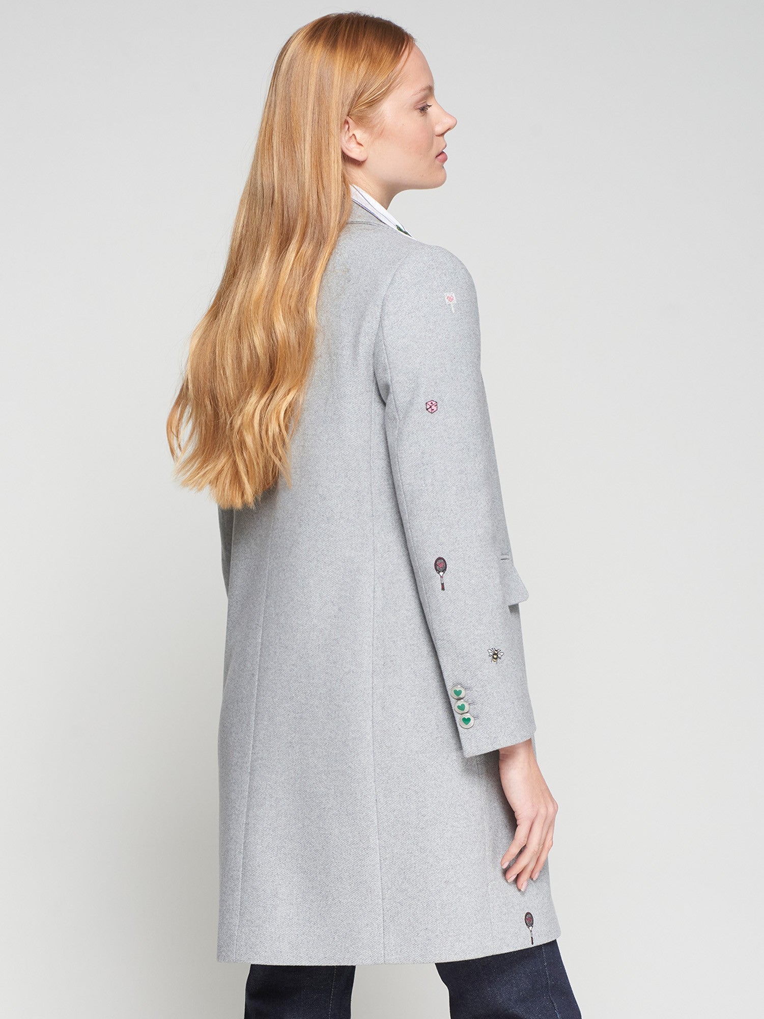 Back view of grey embroidered Vilagallo winter coat in wool blend
