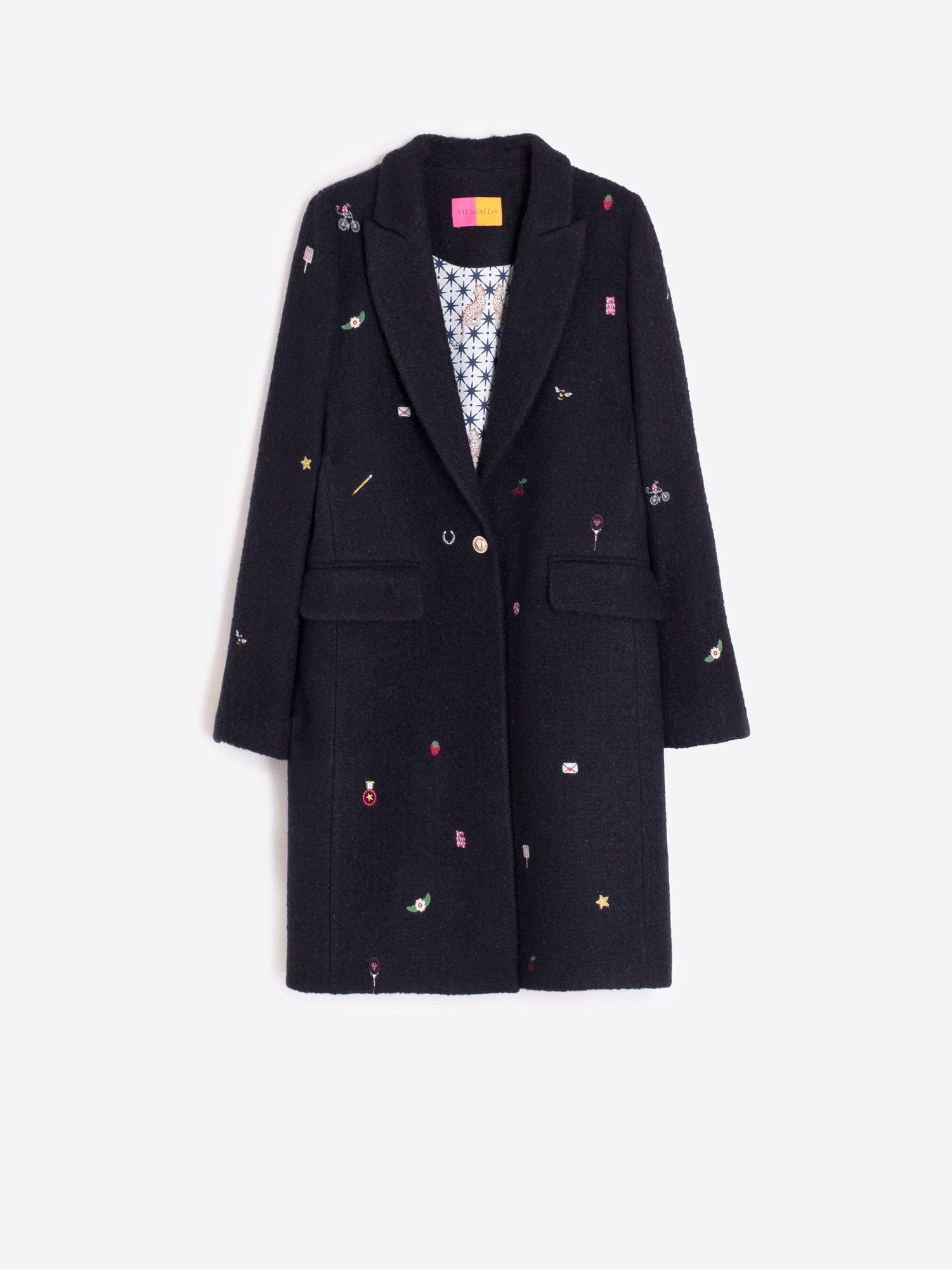 Vilagallo embroidered navy coat with star and leopard-print silk-touch lining.