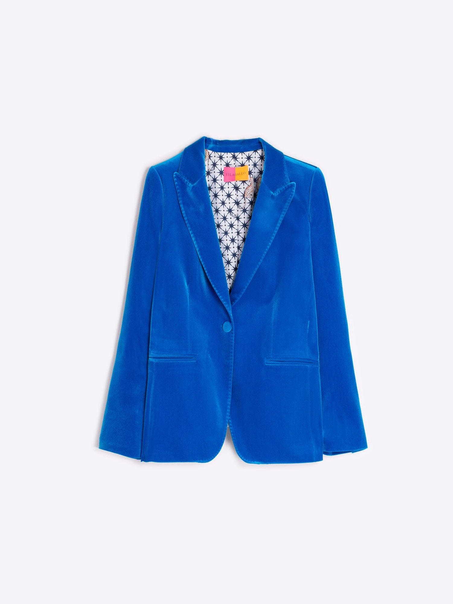 Vilagallo tailored velvet blazer in azure blue with lapel, welt pockets and one-button closure And unique printed lining