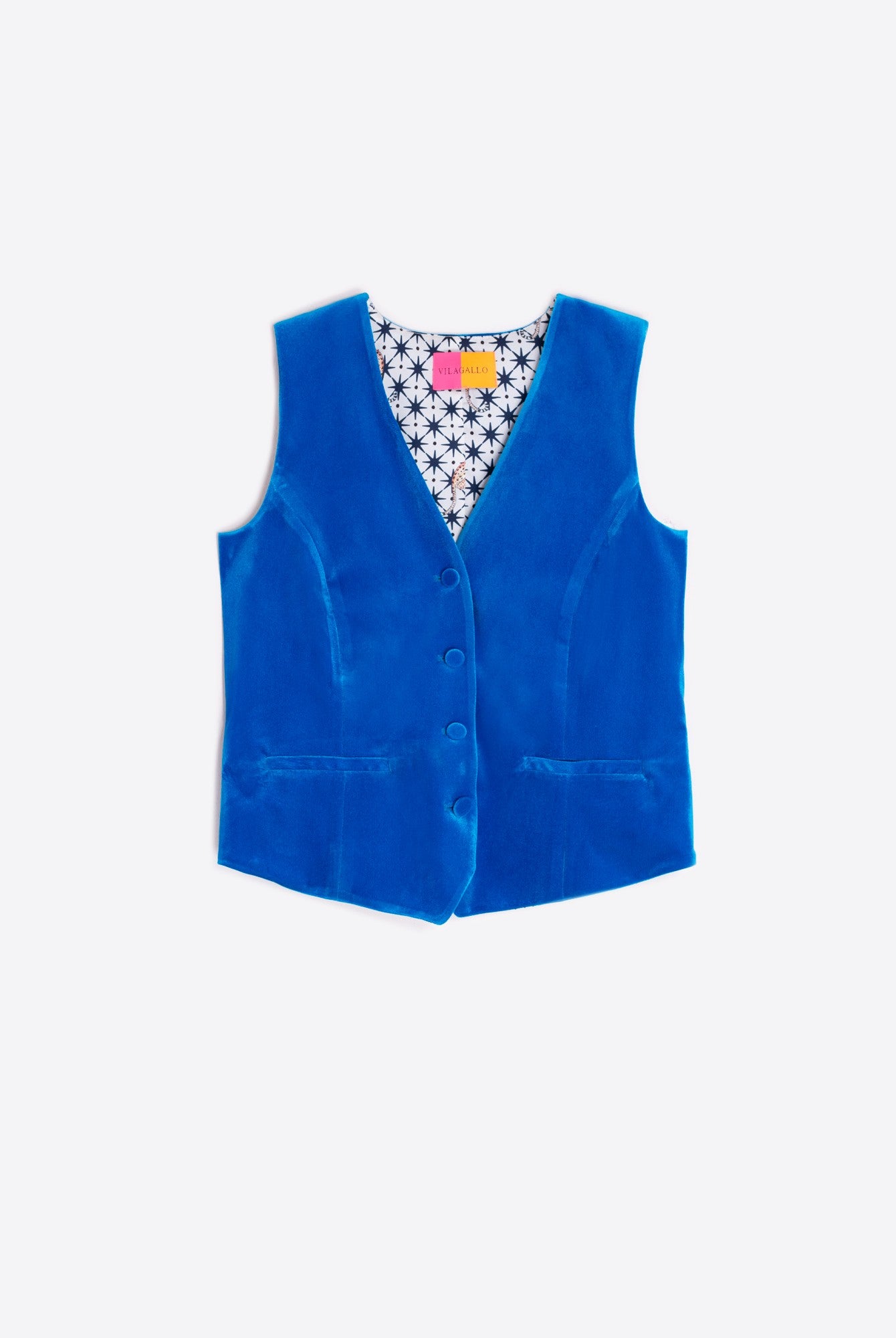 Vilagallo electric blue velvet waistcoat – front view, covered buttons