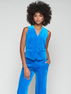 Vilagallo electric blue velvet waistcoat – welt pocket and covered button detail