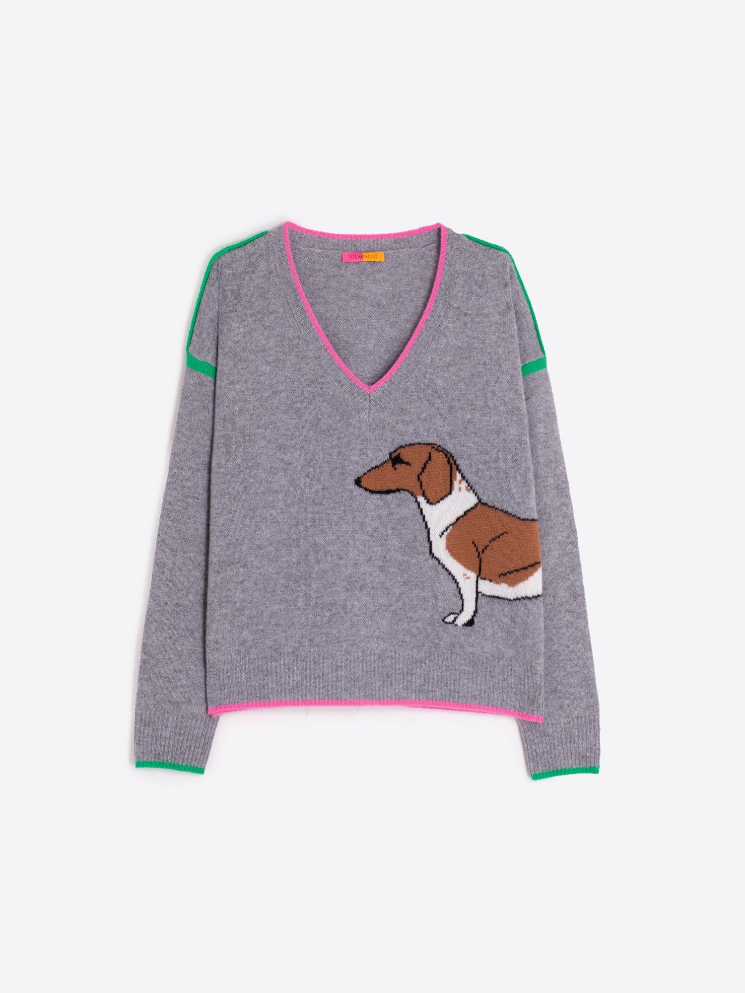 Grey Vilagallo v-neck jumper with playful dachshund motif and colourful accents.