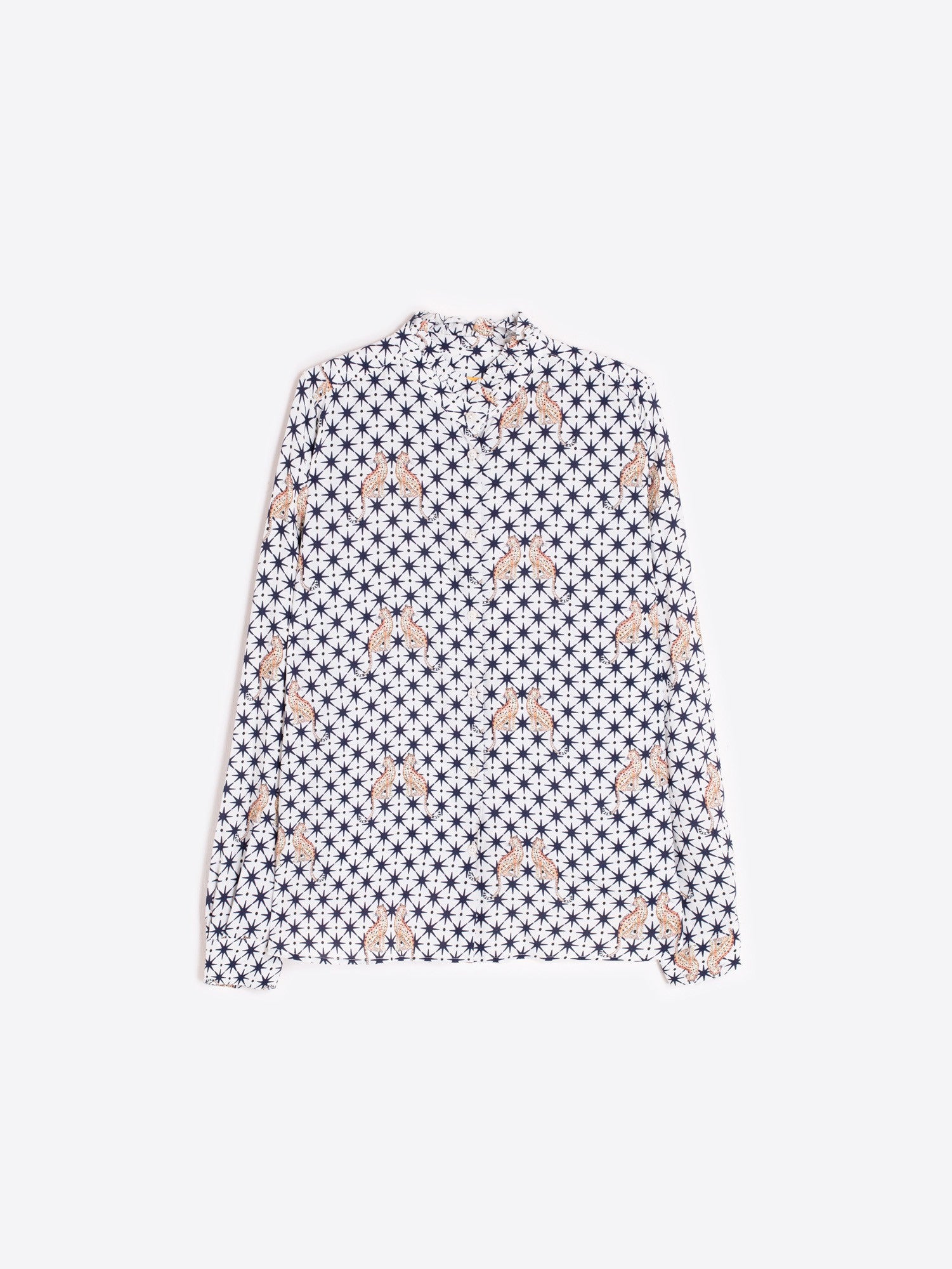 Vilagallo star and leopard print shirt with high ruffle-trimmed collar