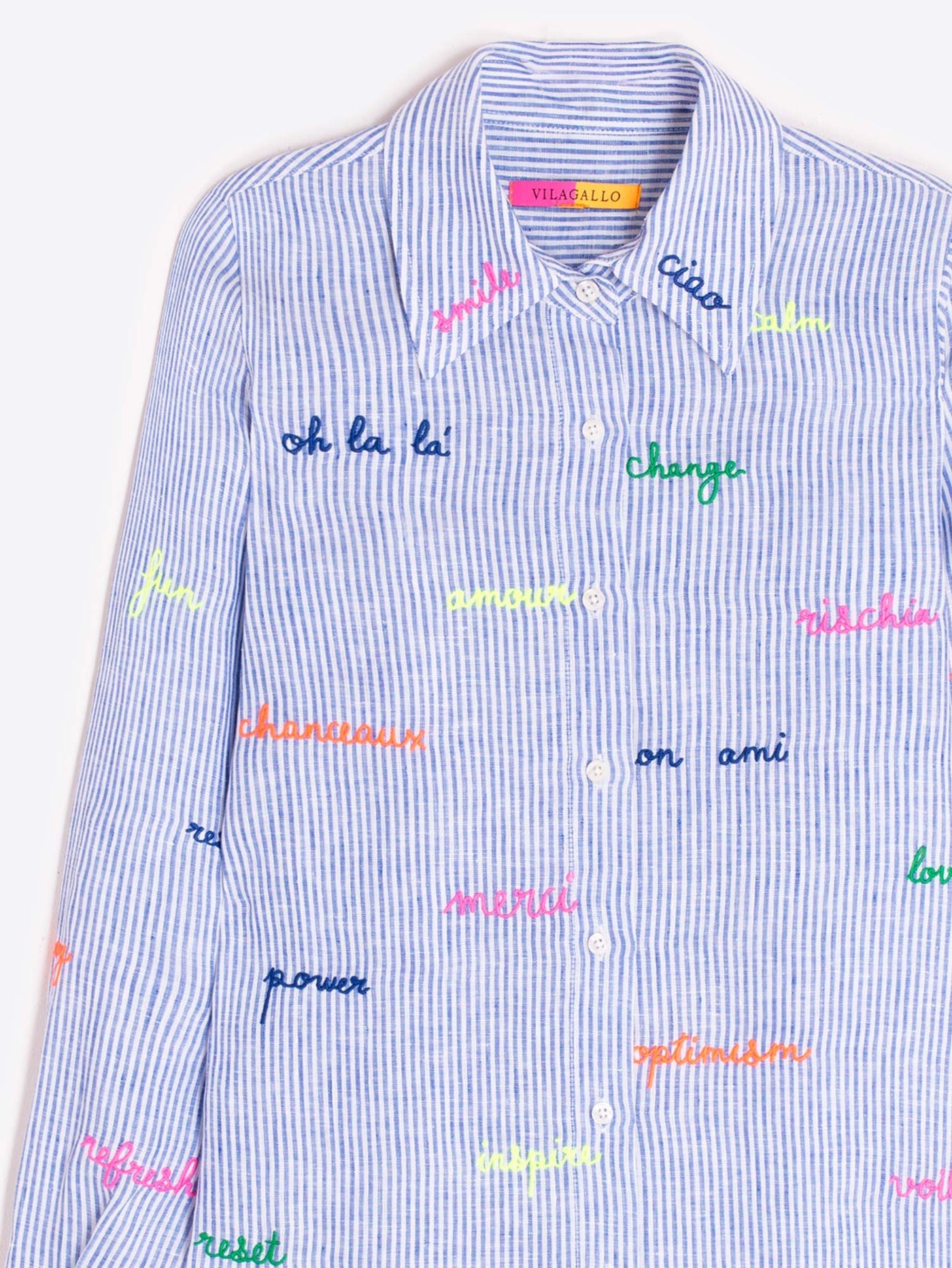 Vilagallo embroidered slogan linen shirt blue stripe close up
