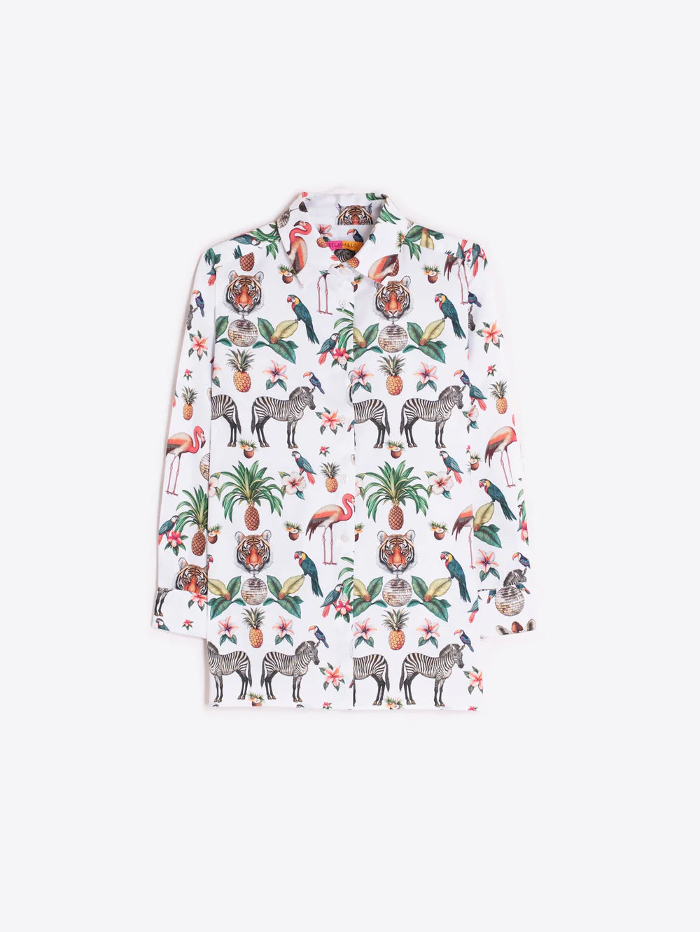 Vilagallo white tropical print shirt full product flat lay