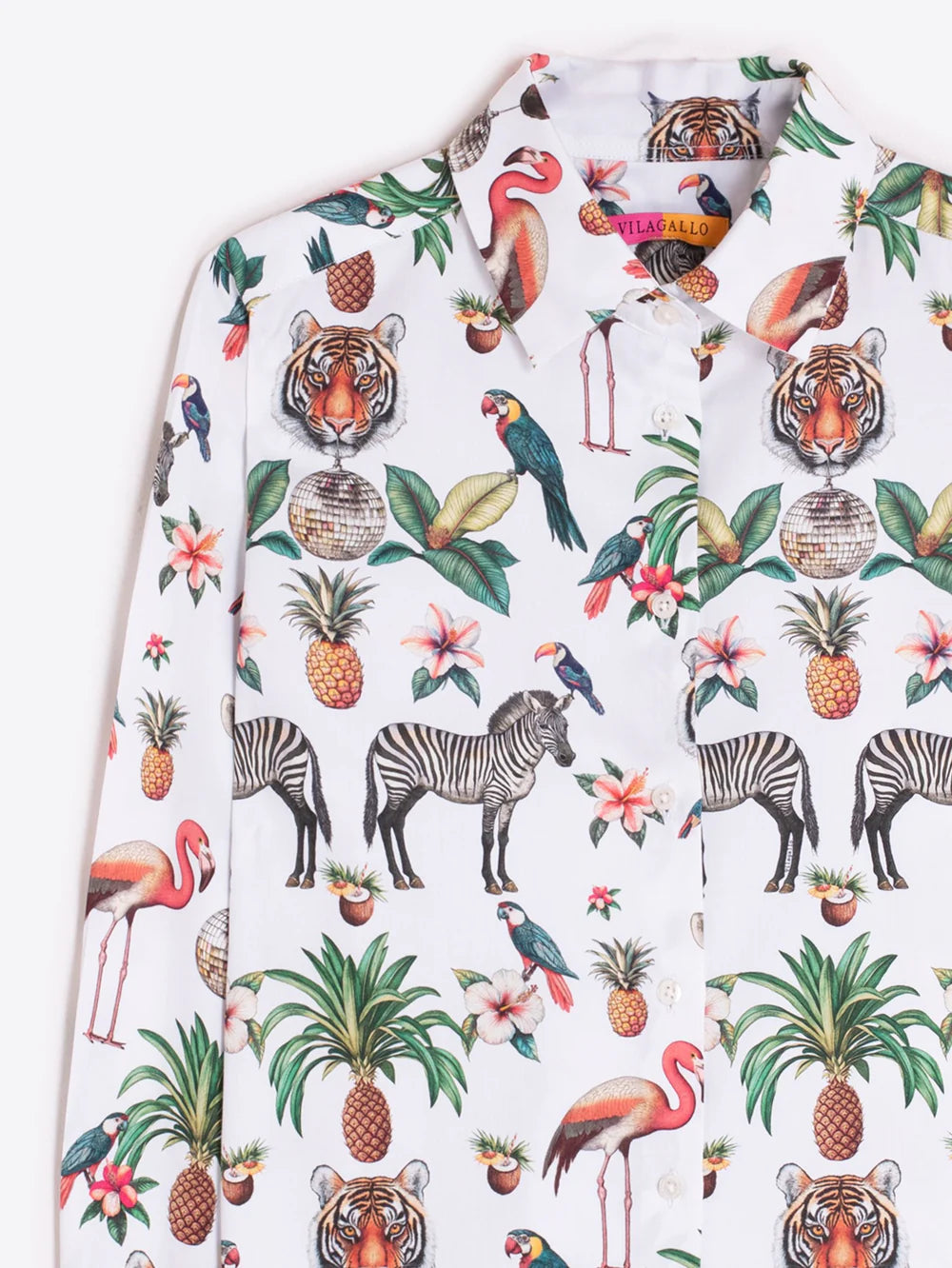 Vilagallo jungle print shirt collar detail with tiger and flamingo print