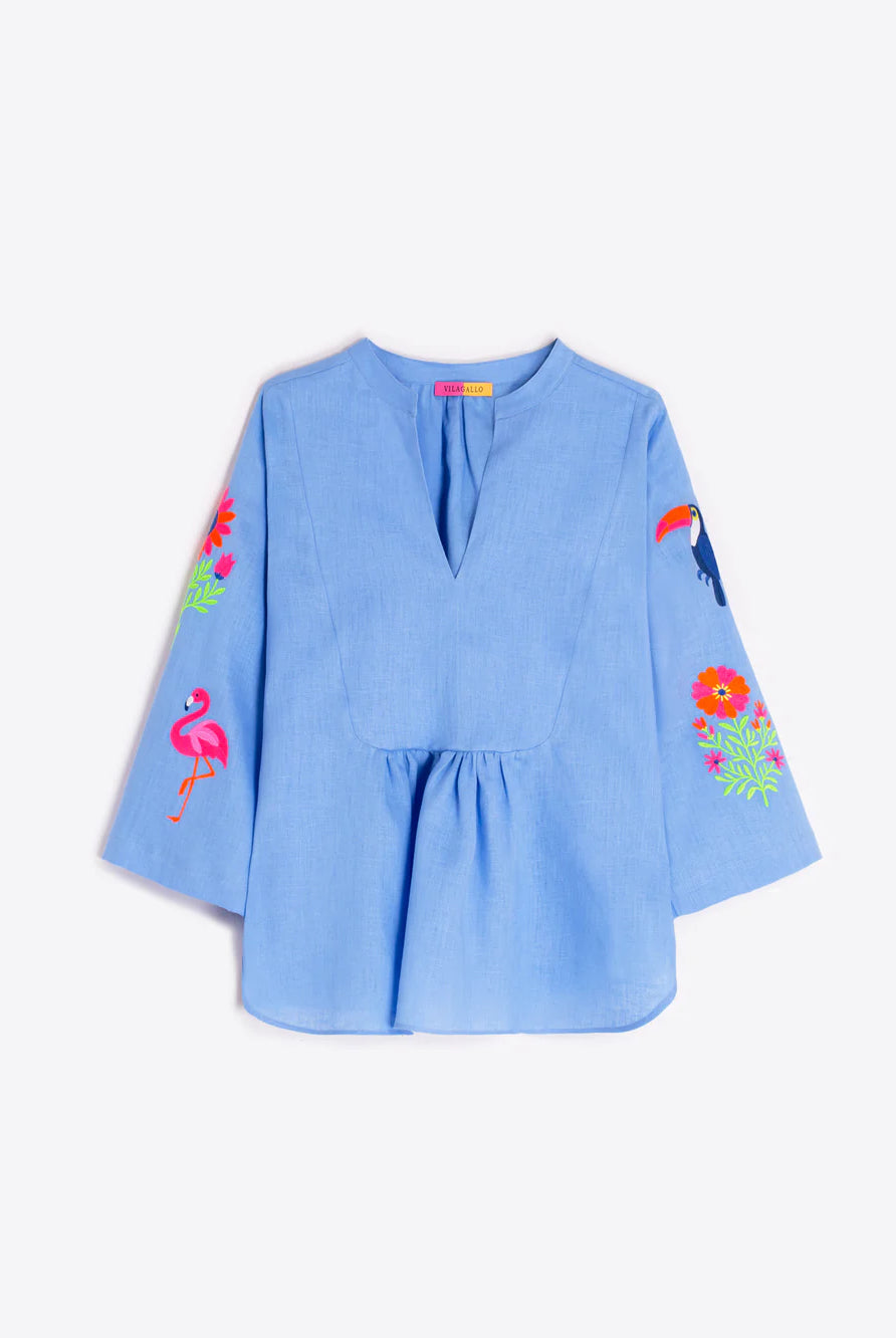 Vilagallo blue tropical embroidery blouse for women